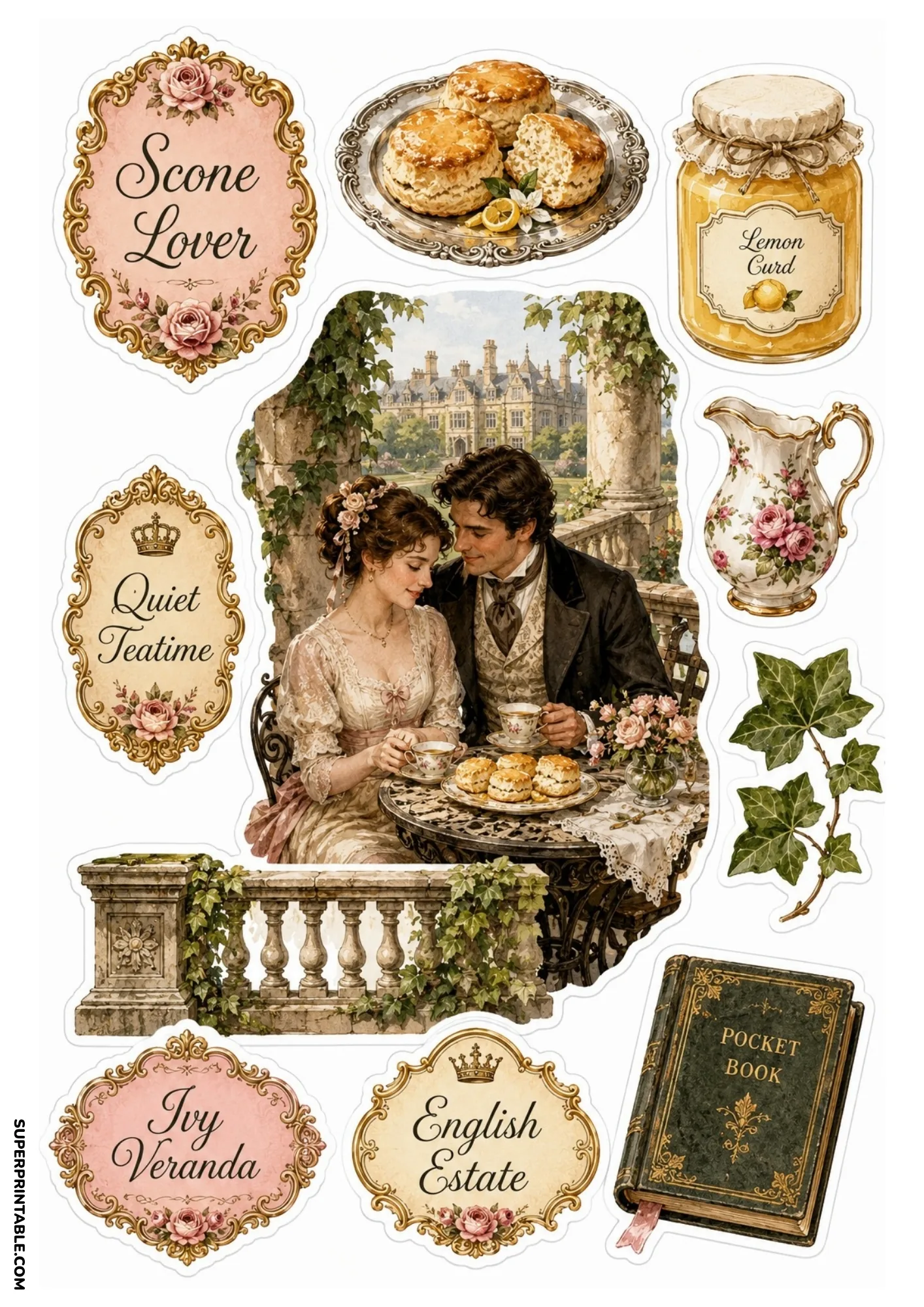 Romantic couple enjoying tea and scones on a stone veranda overlooking a Victorian country estate.