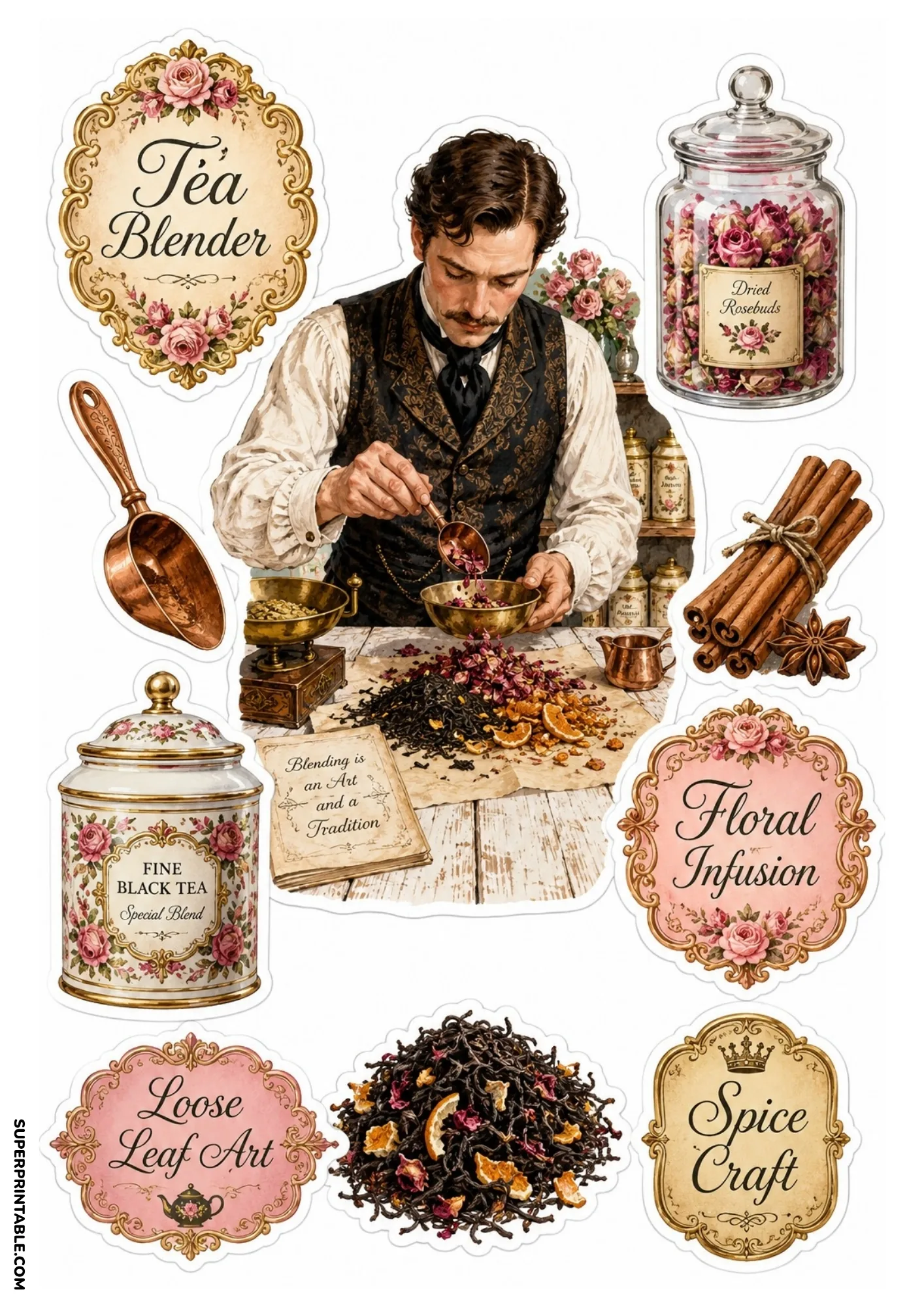 Tea artisan blending loose leaf teas with dried rosebuds and cinnamon sticks in a vintage shop.