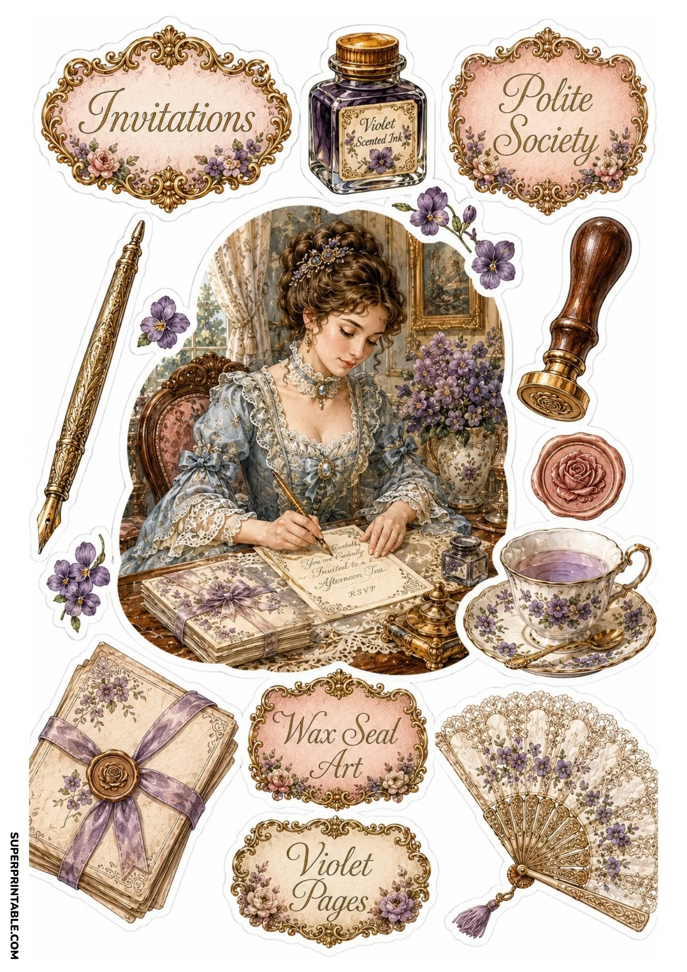 Vintage letter writing stickers featuring tea invitations, wax seals, violet ink, and lace fans.