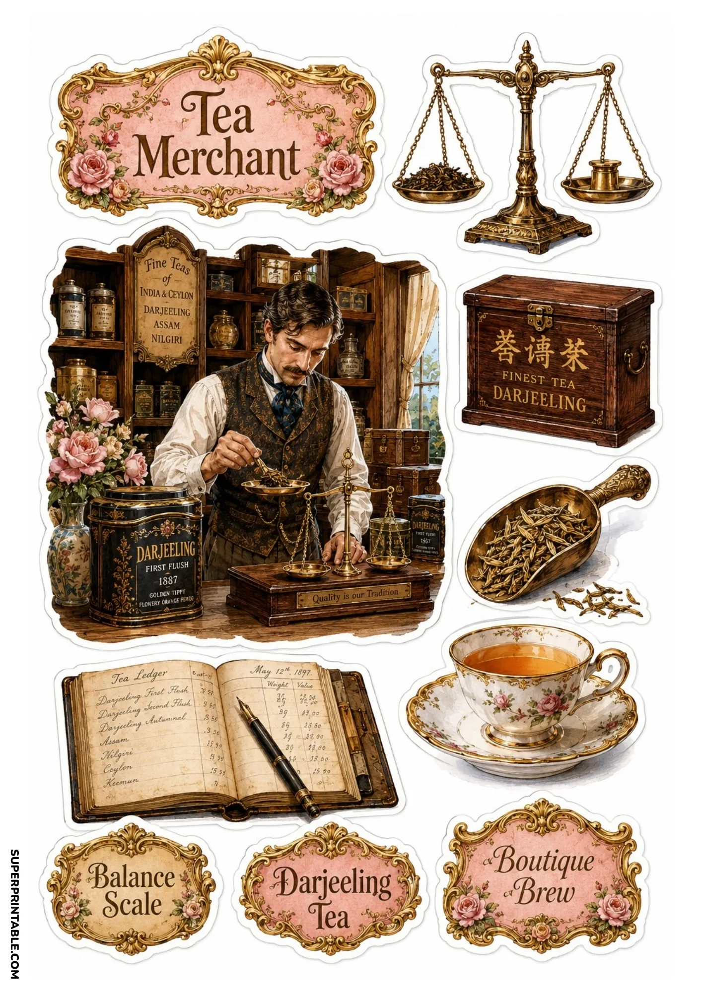 Victorian merchant weighing Darjeeling tea on a brass scale inside an authentic vintage tea shop.