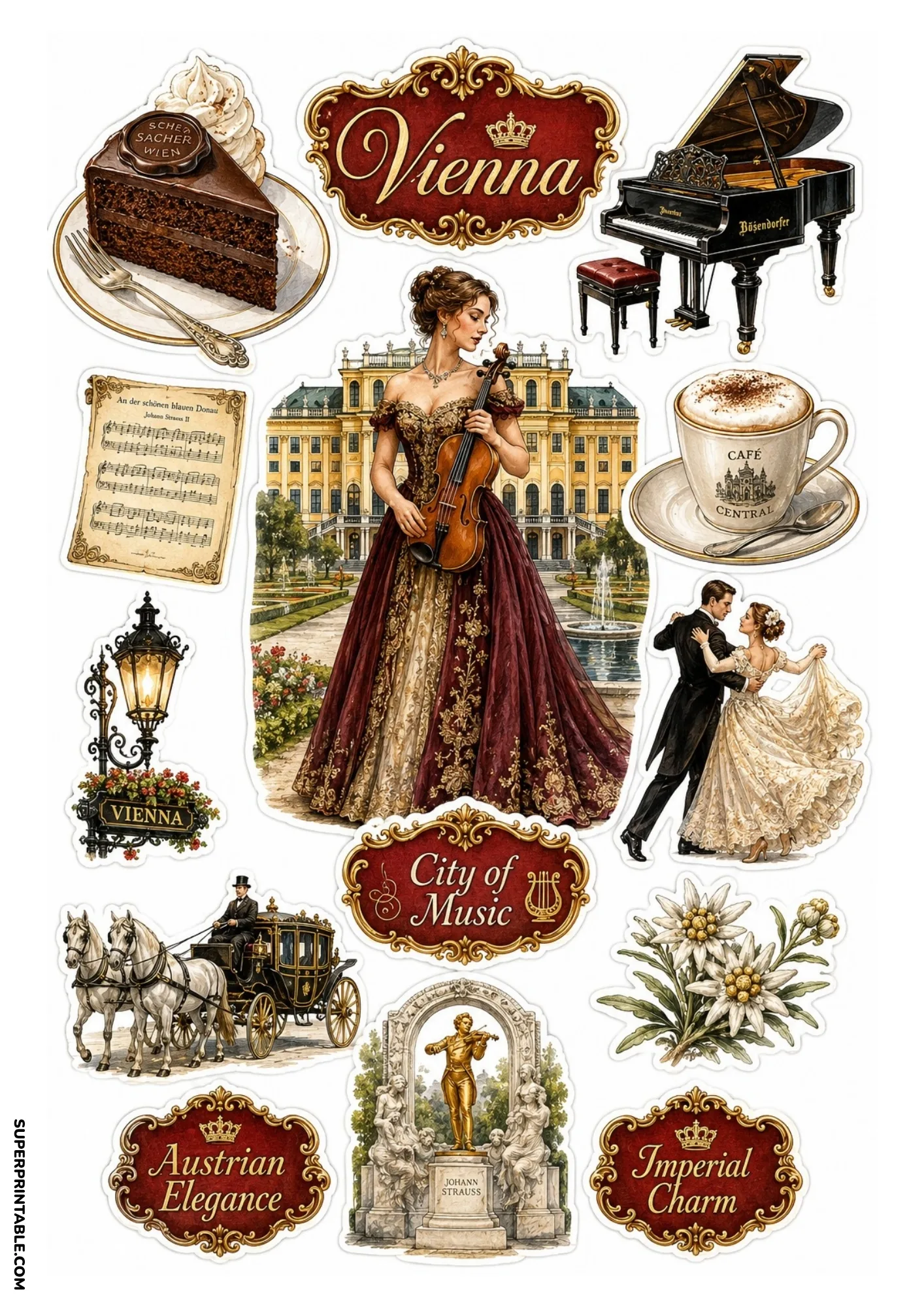 Printable Vienna sticker sheet featuring grand piano, Sachertorte, and violin
