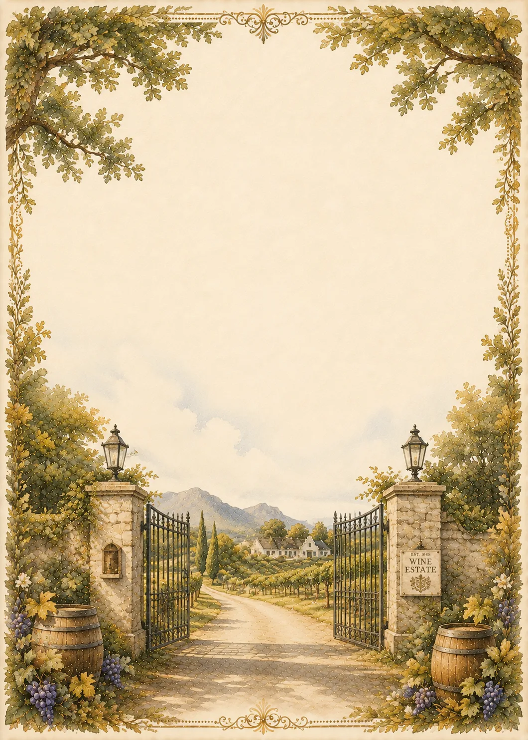 Open iron gate leading into a scenic vineyard estate framed by oak leaves.
