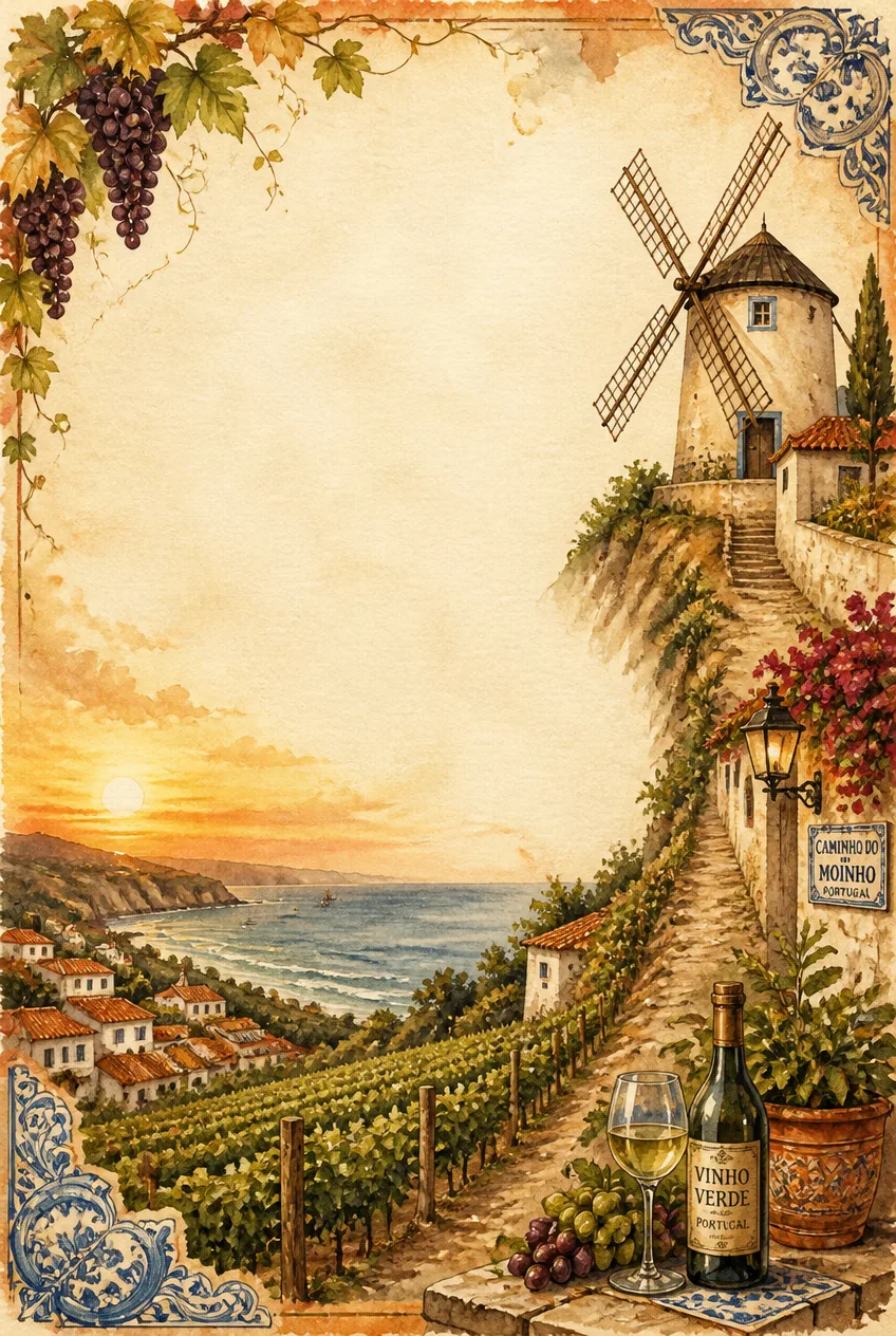 Portuguese vineyard border with a white windmill, wine bottle, glass, and azulejo tiles.