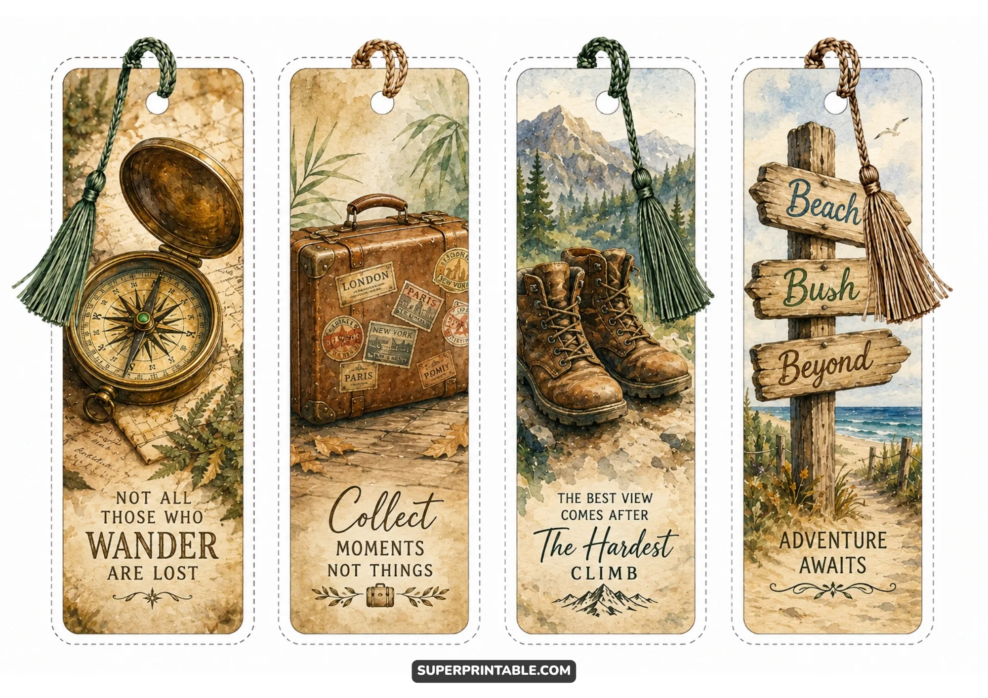 Vintage adventure bookmarks with compass, suitcase, hiking boots, and wooden sign