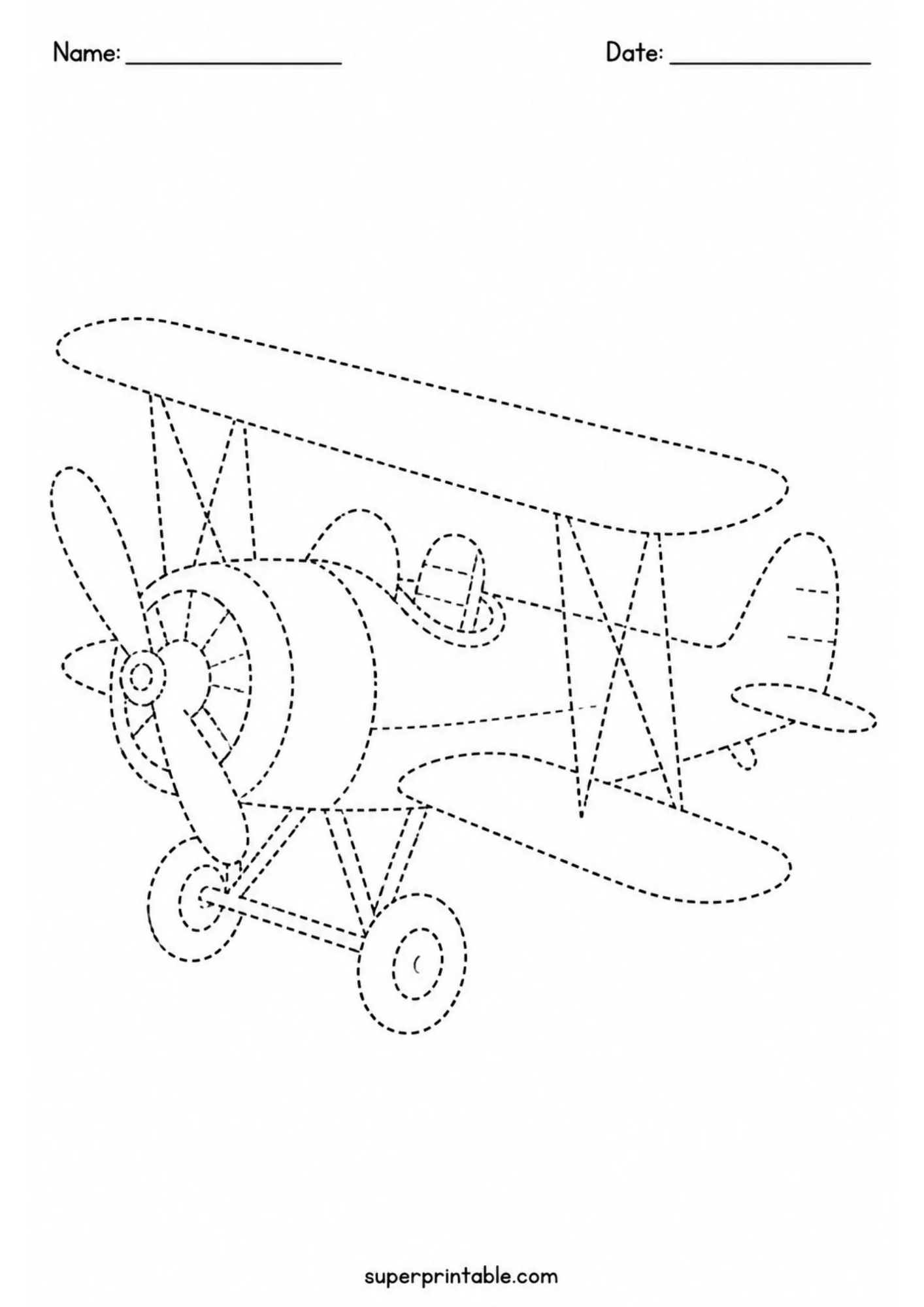 Detailed biplane airplane with double wings and propeller drawn in dashed lines.