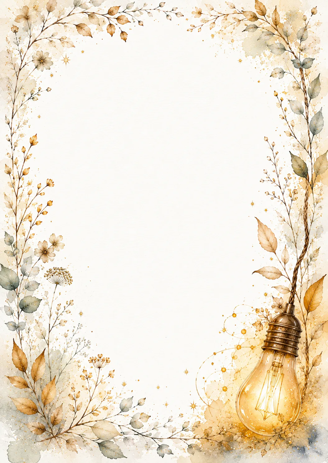 Glowing vintage bulb framed by delicate wildflowers, leafy branches, and tiny golden stars