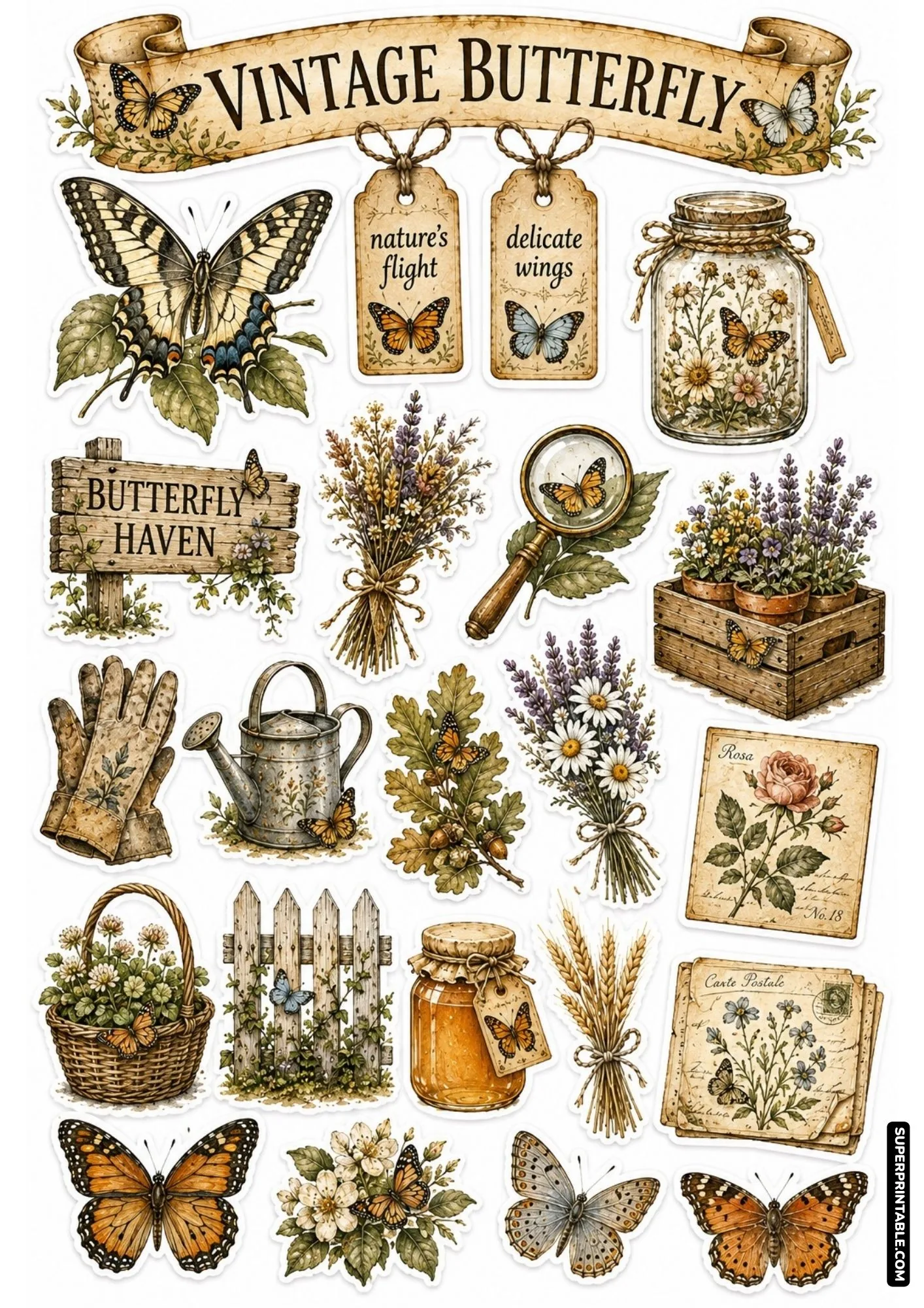 Vintage naturalist butterfly sticker sheet featuring antique specimen jars, magnifying glass, and French postcards.