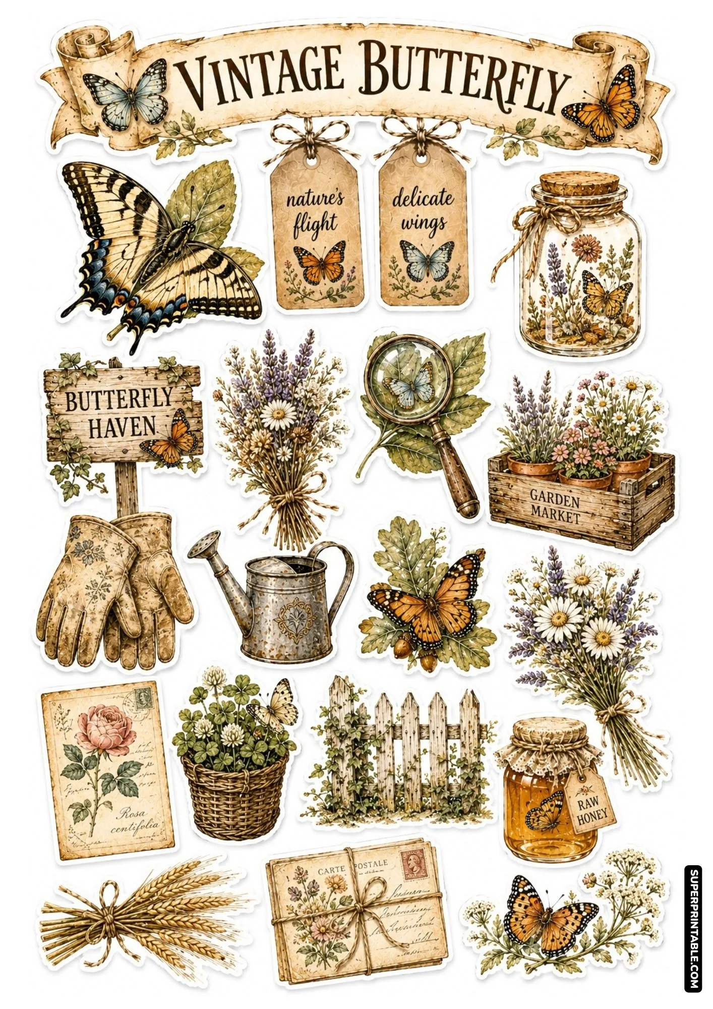 Vintage butterfly haven sticker sheet with leather gloves, antique postcards, and swallowtail illustration.