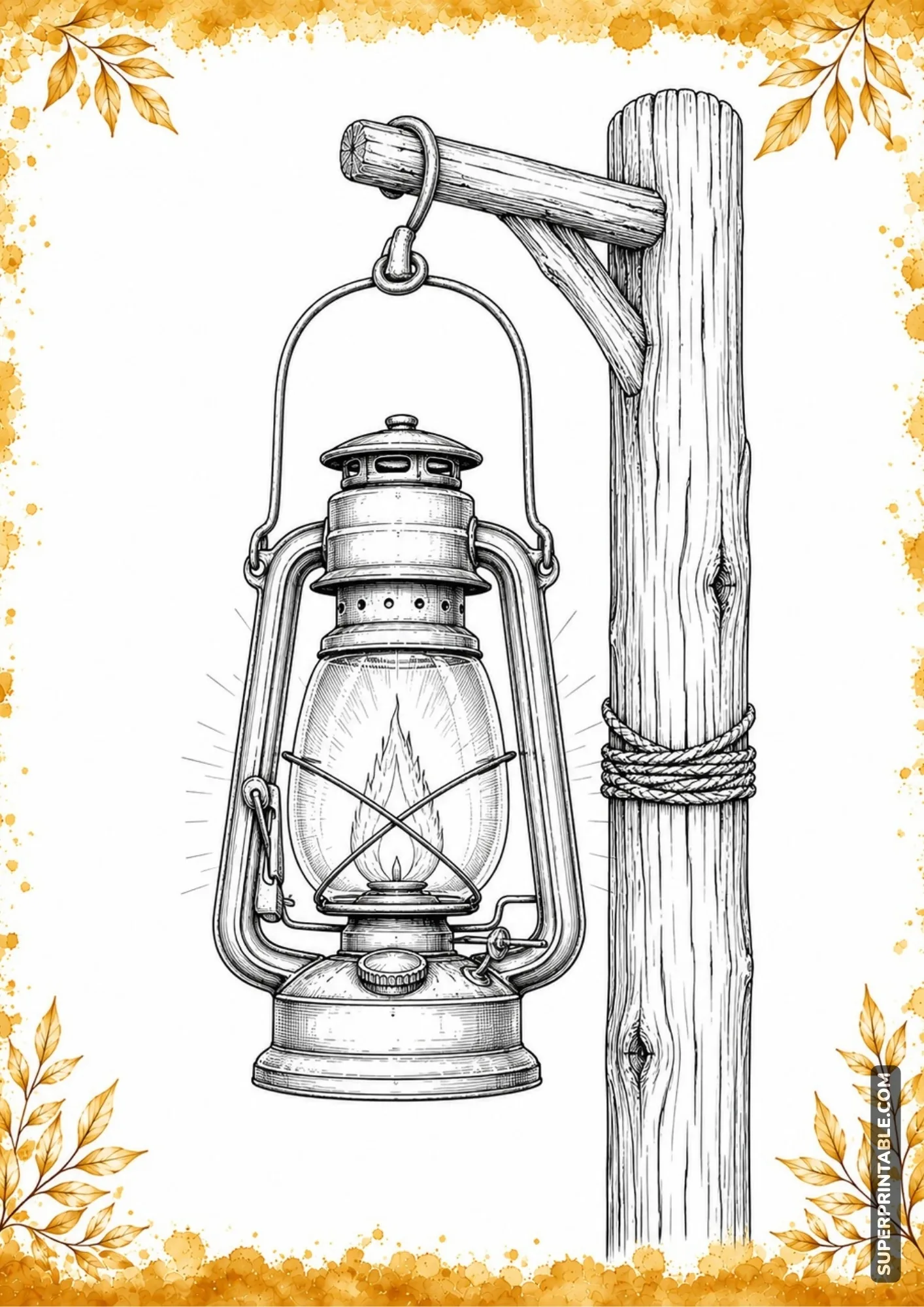 Vintage camping lantern with glowing glass and rustic outdoor details