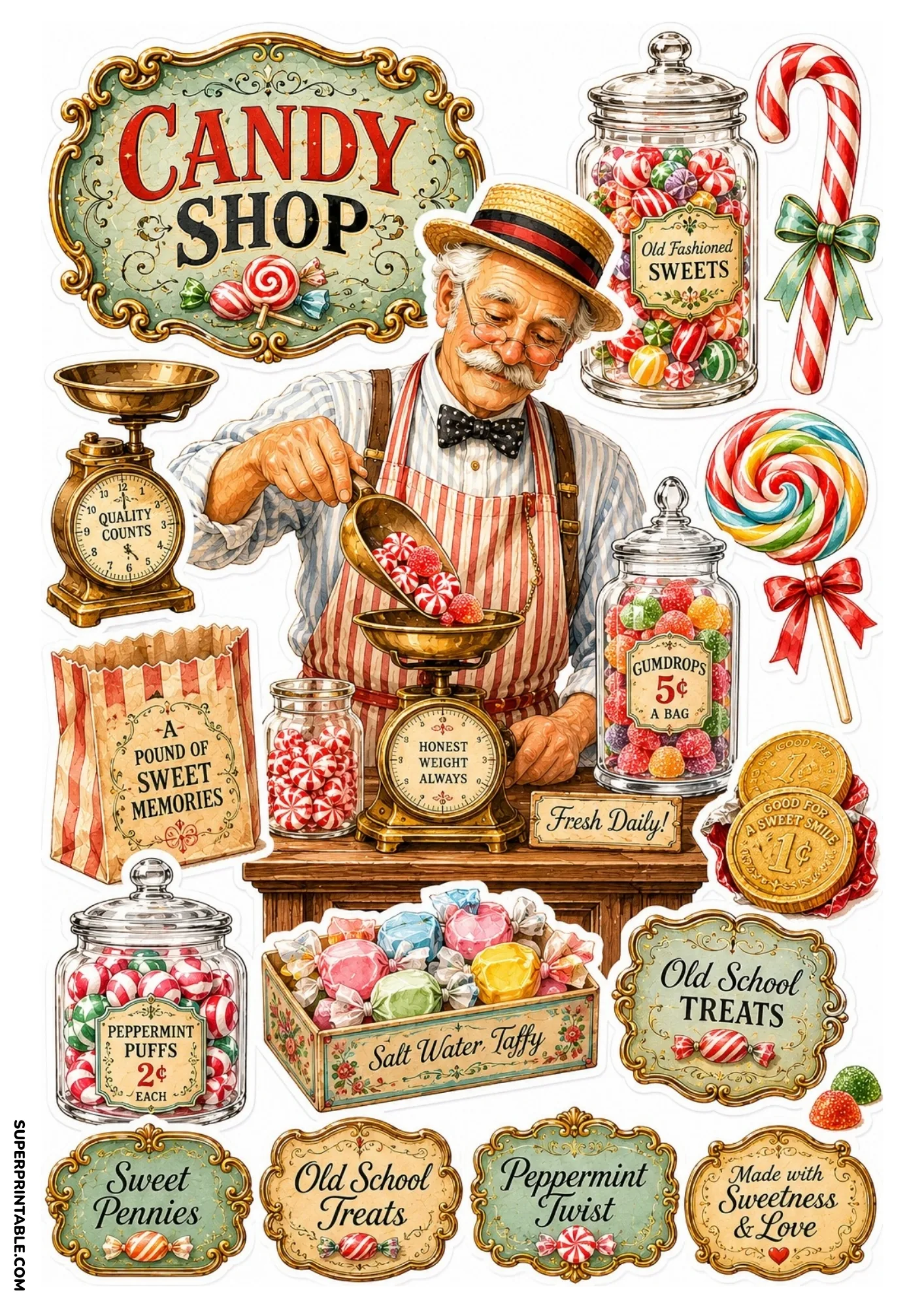 Vintage candy shop sticker sheet featuring a shopkeeper weighing lollies, glass candy jars, lollipops, and peppermint puffs.