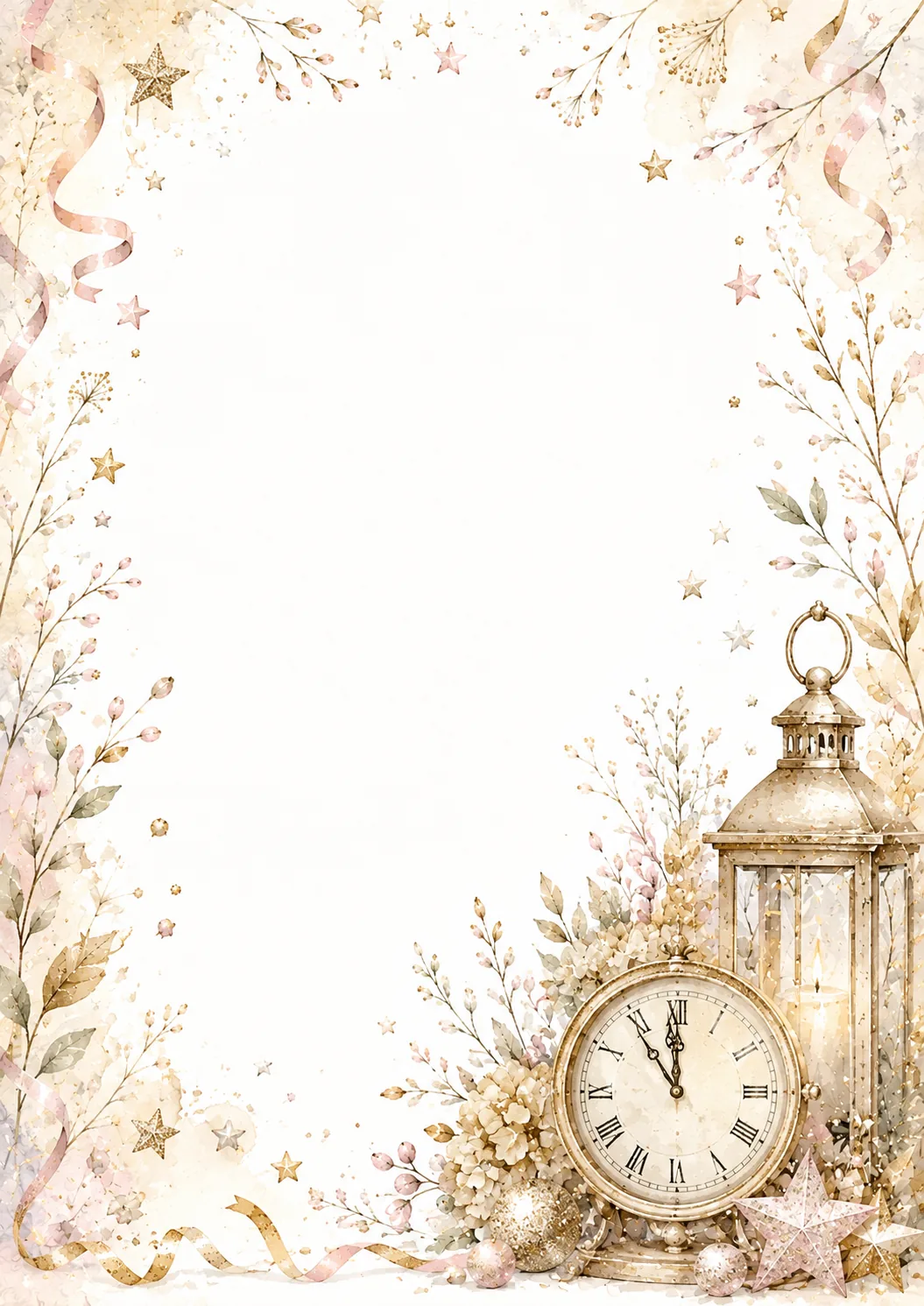 Vintage clock and lantern themed printable writing page with elegant floral New Year border.