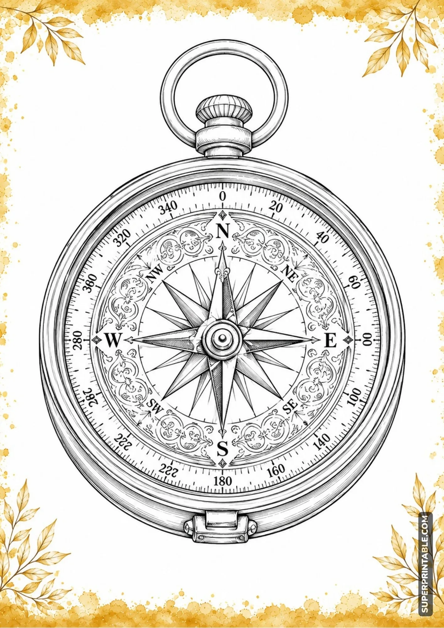 Vintage compass with detailed directional markings and botanical accents