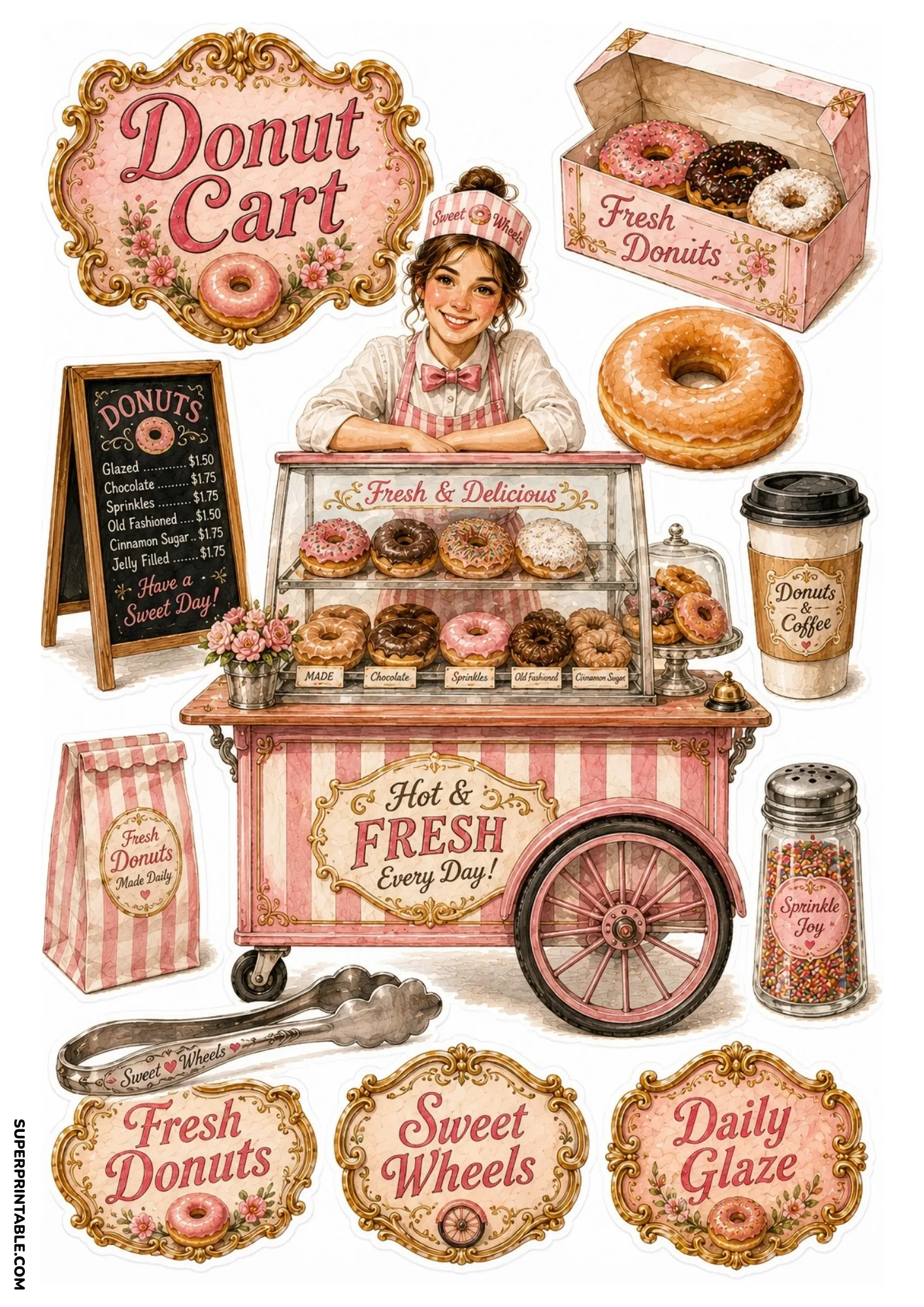 Vintage donut cart sticker sheet with a smiling baker behind a pink donut cart, donut box, coffee cup, and sprinkle jar.