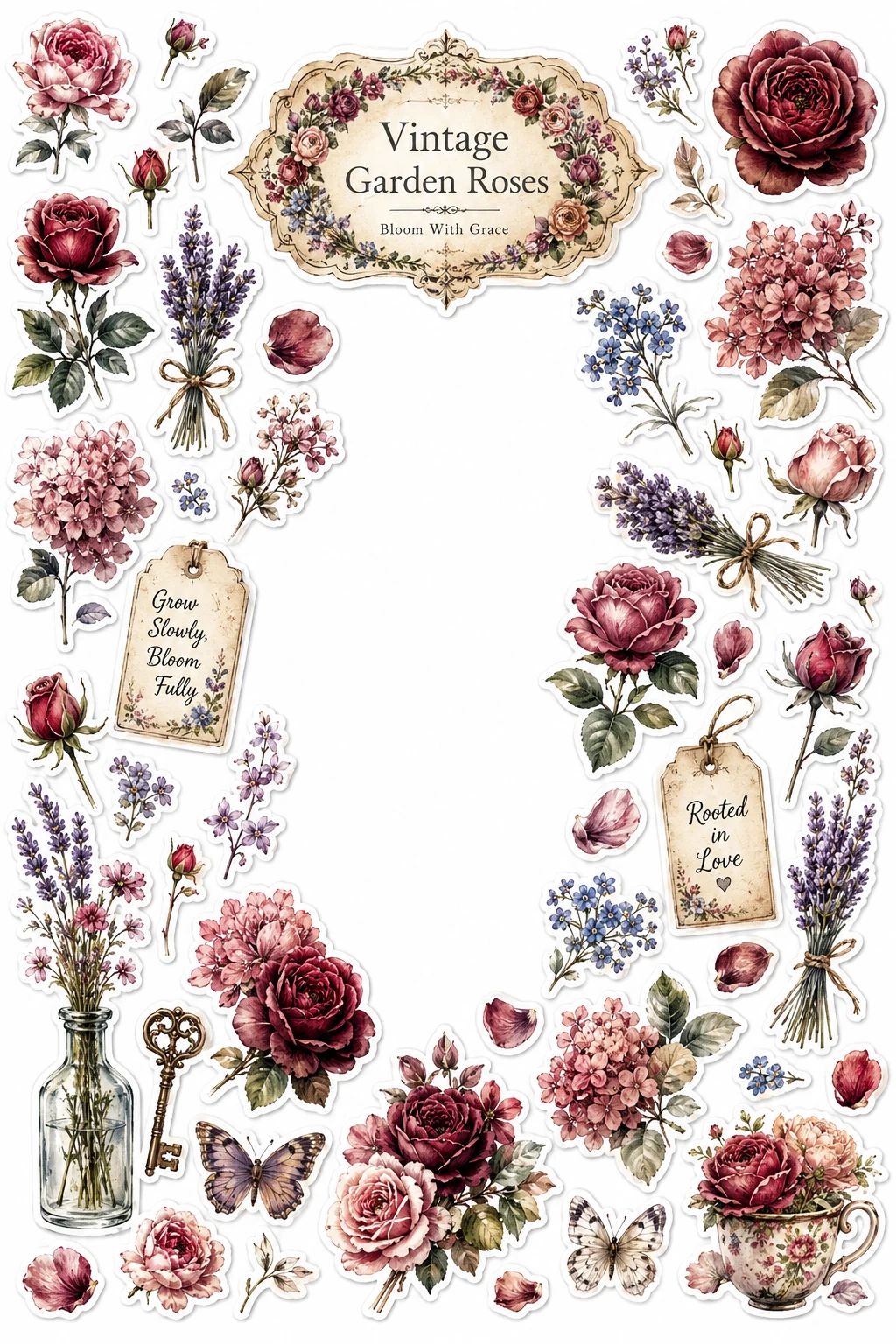 Vintage Garden Roses Teacup Botanical Sheet featuring vintage botanical illustrations, garden roses, wildflowers, and herbs.