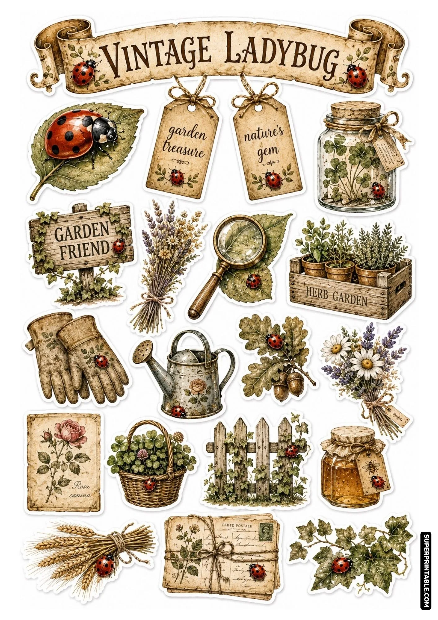 Vintage ladybug botanical sticker sheet with antique parchment tags, gardening tools, and dried herbs.