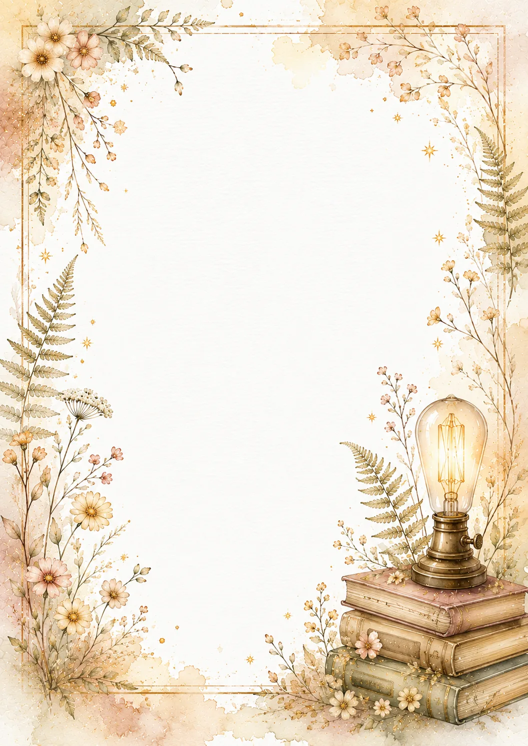Vintage glowing lamp on stacked books with ferns, flowers, and a delicate golden border