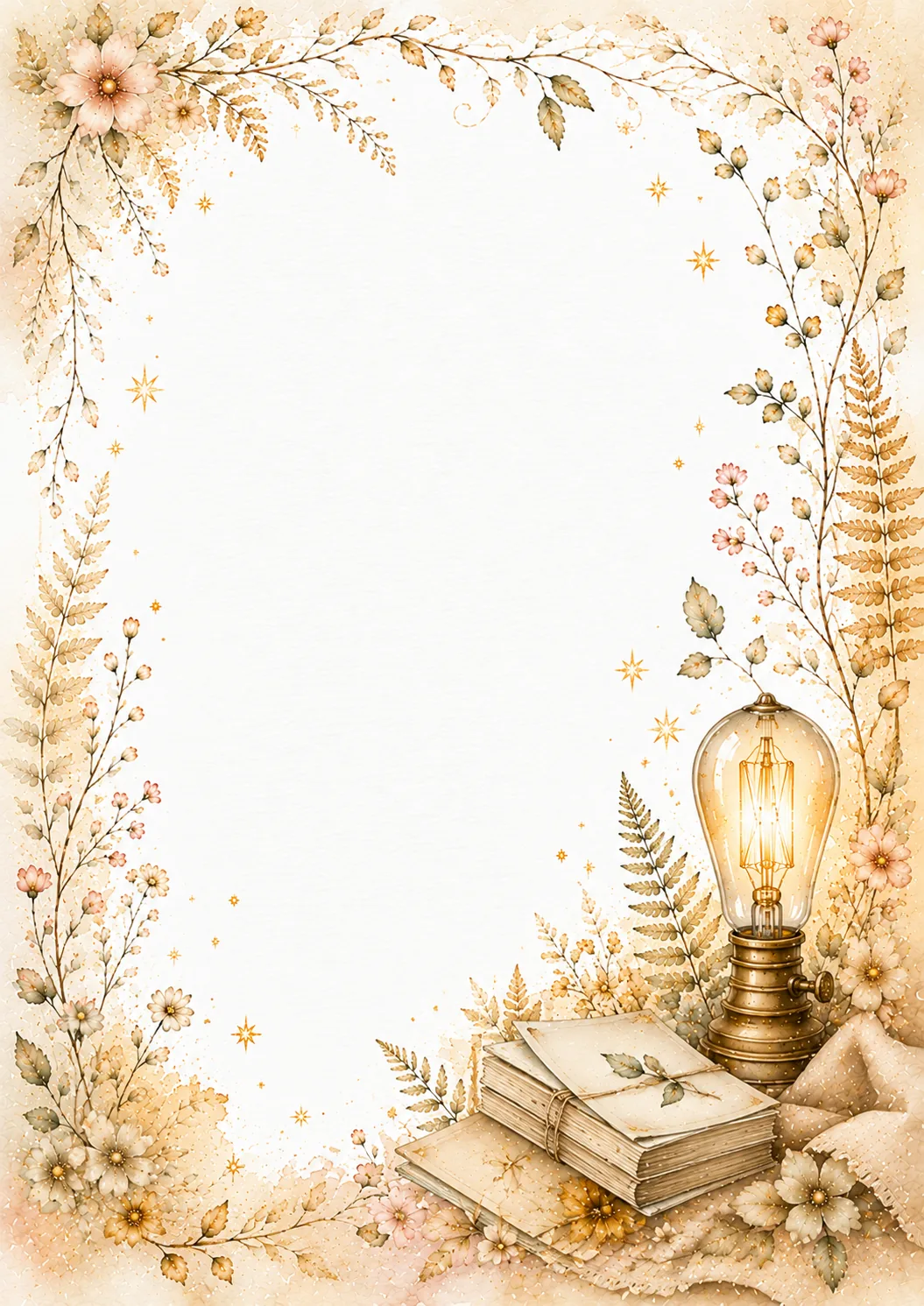 Antique glowing lamp beside stacked books and letters with soft botanical watercolor details