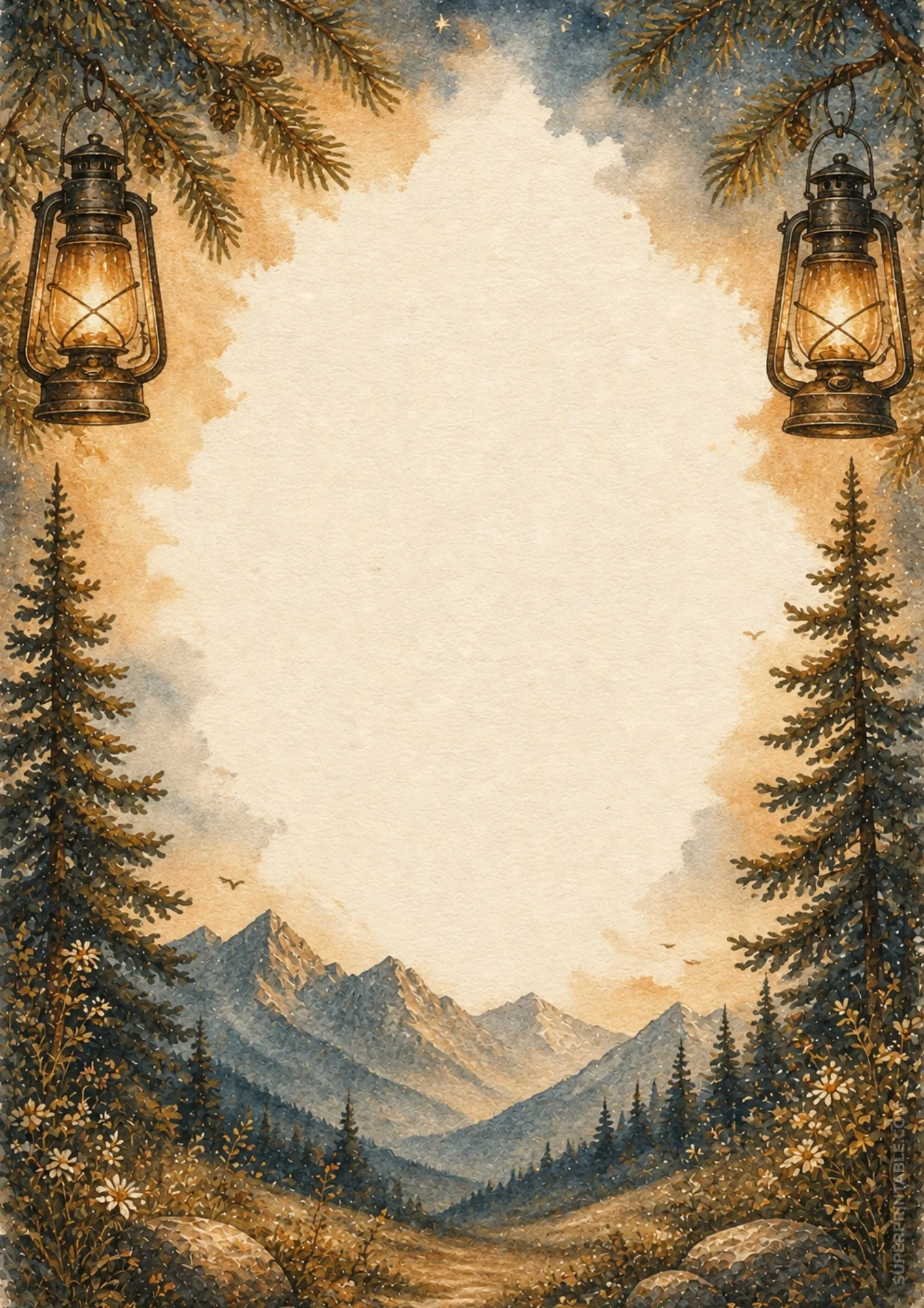 Twilight mountain stationery border featuring two glowing rustic lanterns hanging from pine branches.