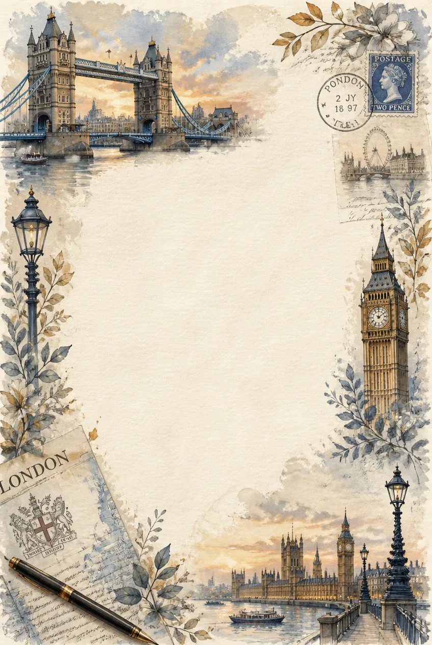 Vintage London stationery border with watercolor art of landmark bridges and fountain pen.