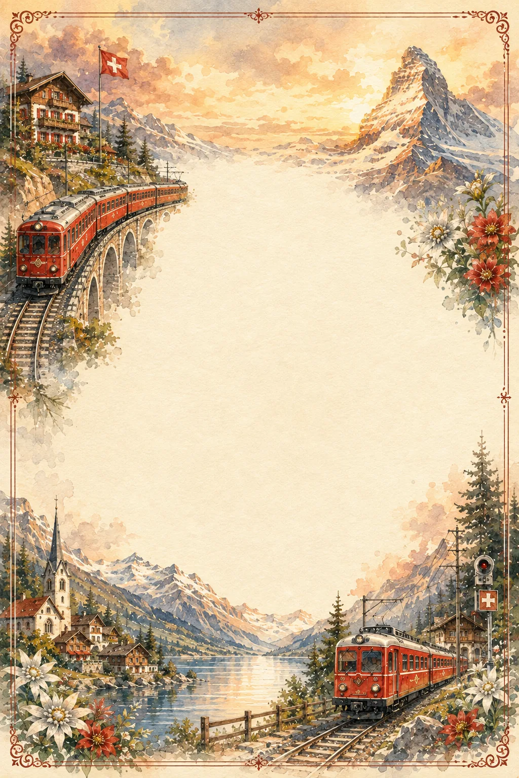 Vintage city train station building with glass arches on a soft washed watercolor border.