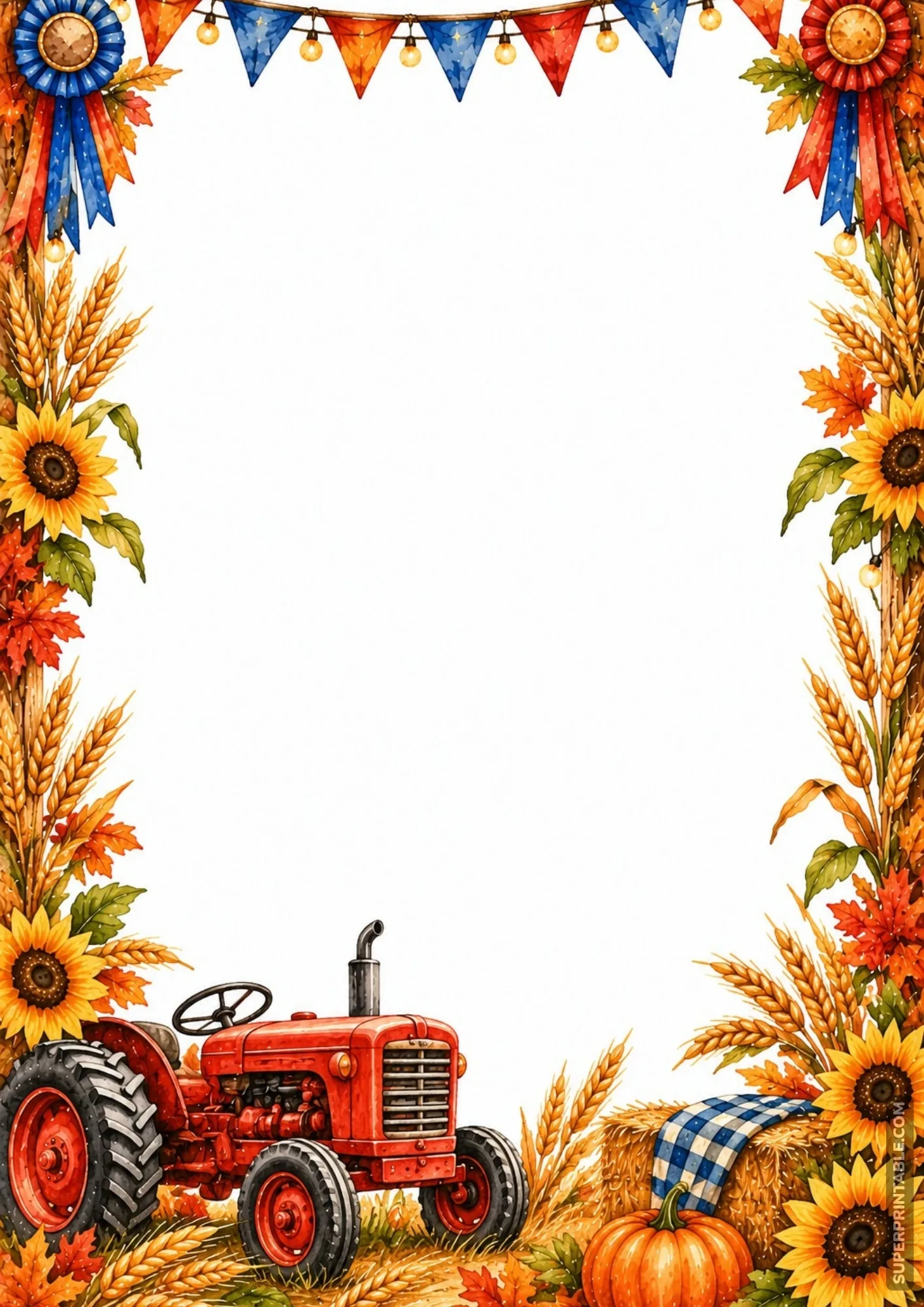 County fair border showcasing an antique red farm tractor parked beside wheat stalks, hay bales, and pumpkins.