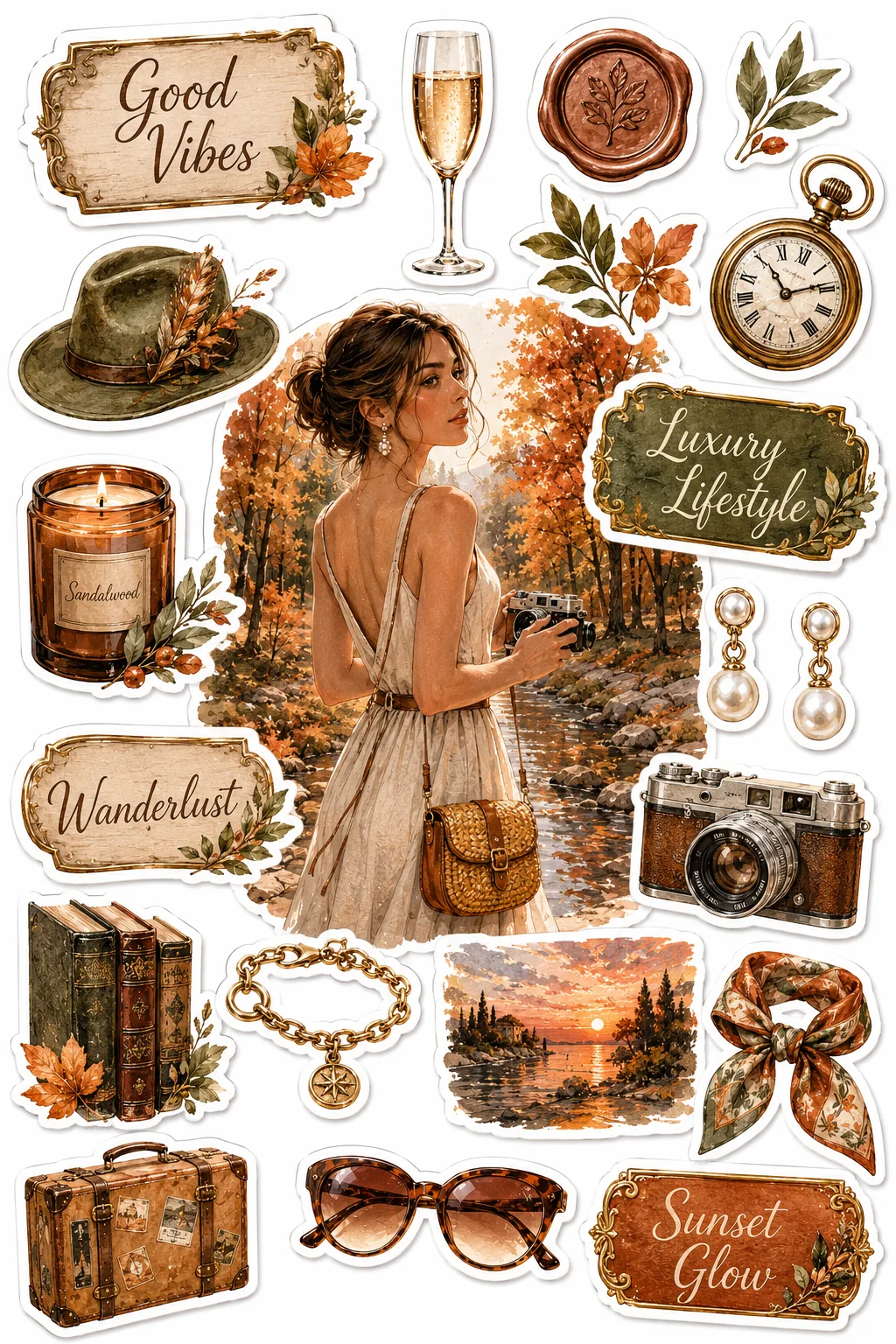Vintage Riviera sticker sheet featuring a woman with a camera in an autumn forest alongside travel items.