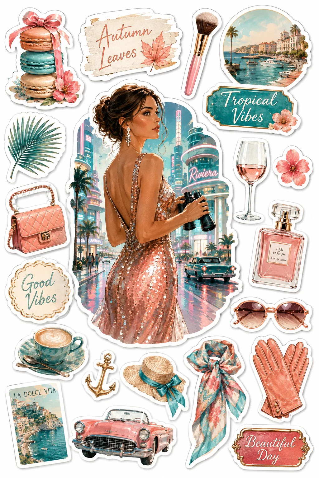 Vintage Riviera sticker sheet showing a woman in a rose gold sequin gown against a coastal city skyline.