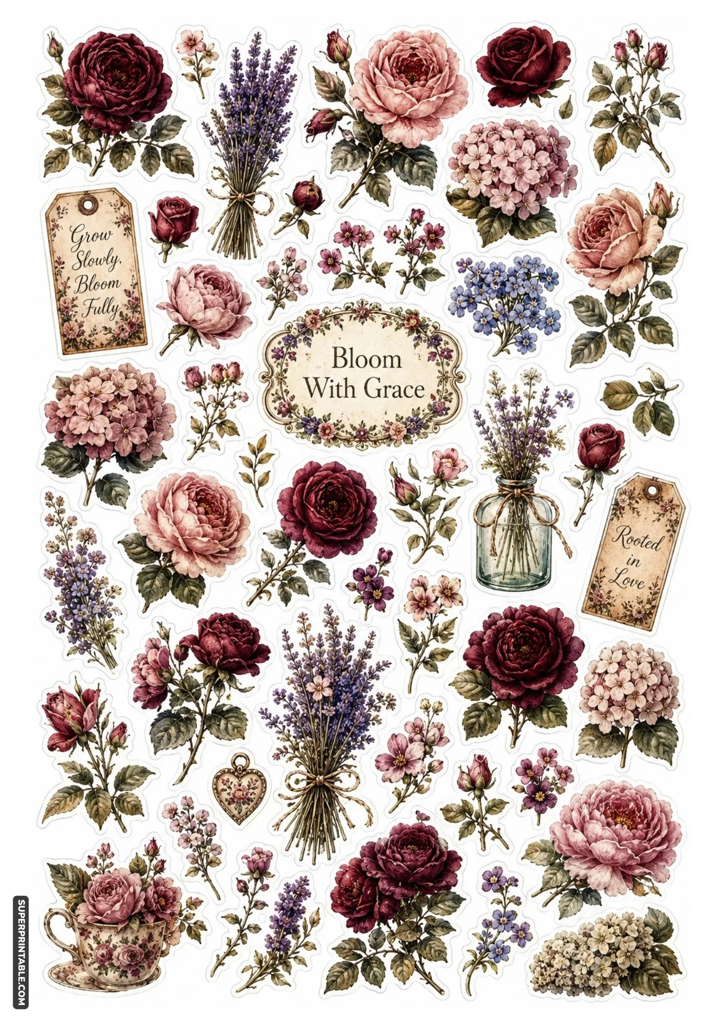 Printable vintage botanical flower stickers with roses and elegant quote tags.