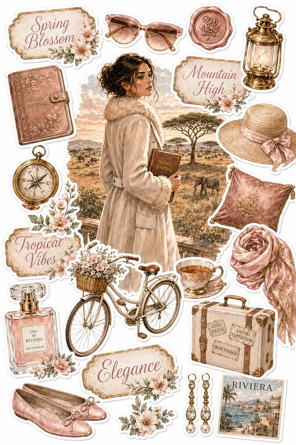 Woman holding a travel journal overlooking a safari landscape with vintage bicycle and luggage stickers.
