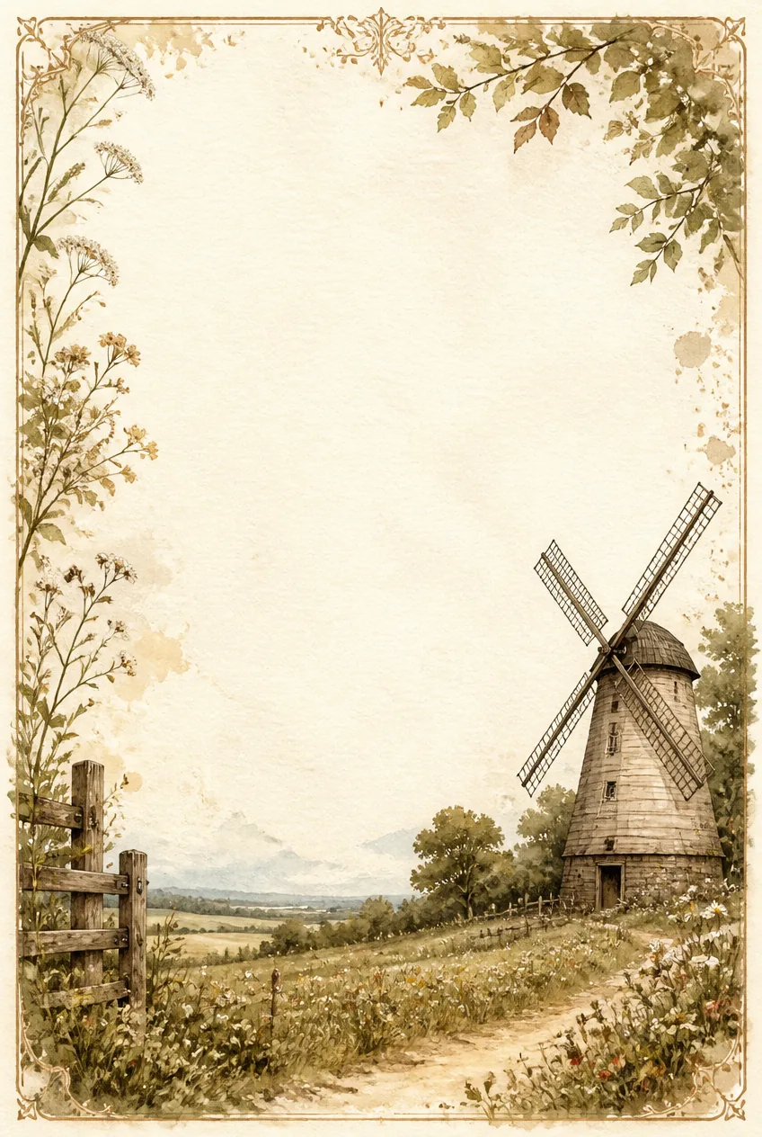 Nostalgic watercolor border depicting a wooden smock windmill by a wildflower path.