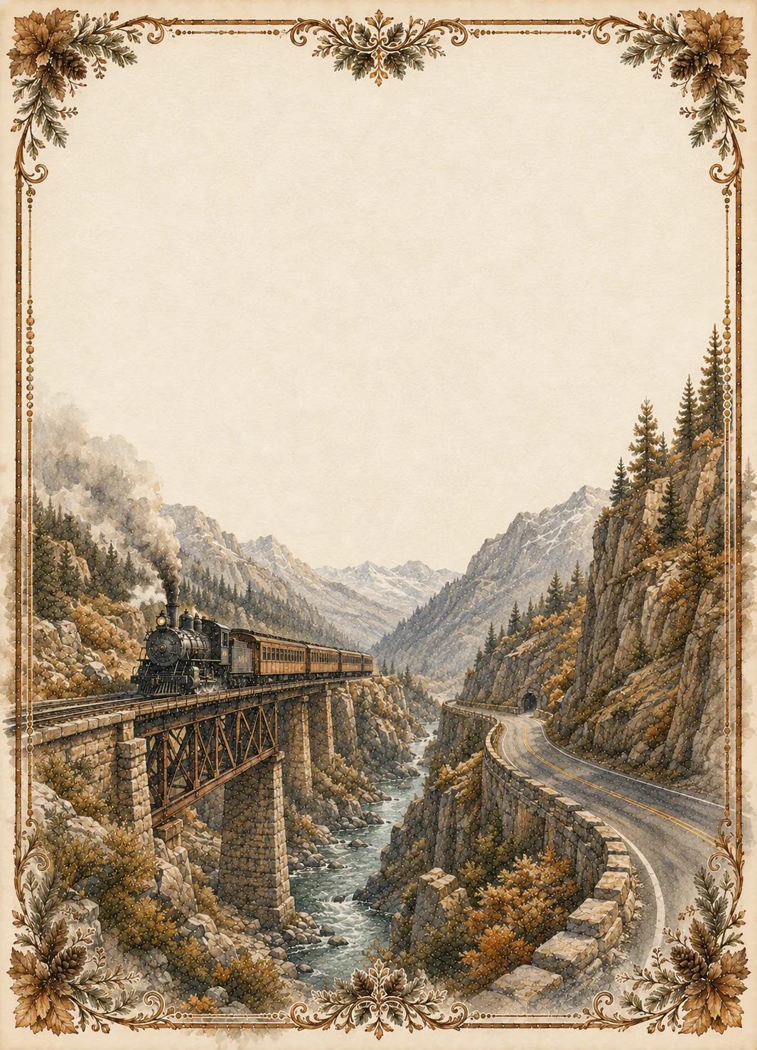 Vintage steam train crossing a high steel trestle bridge over a deep mountain canyon river.
