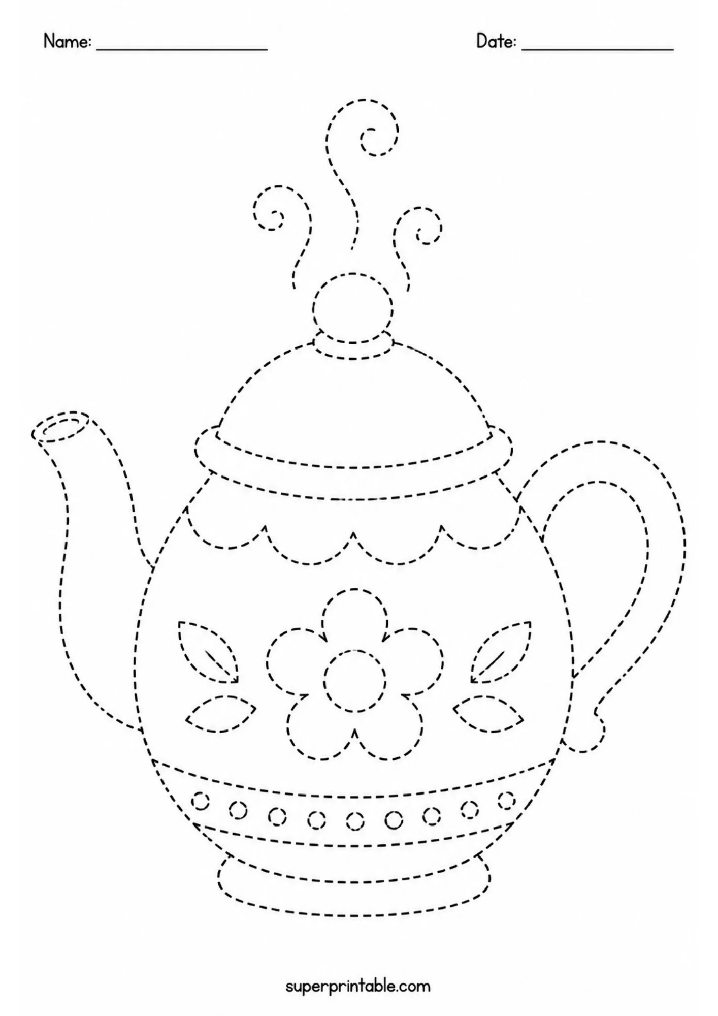 Printable cozy home activity worksheet displaying a patterned teapot emitting steam swirls.
