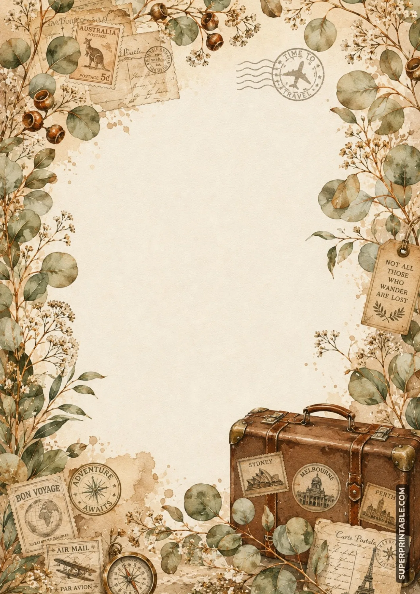 Travel writing page with vintage luggage, maps, compass, flowers, and foliage