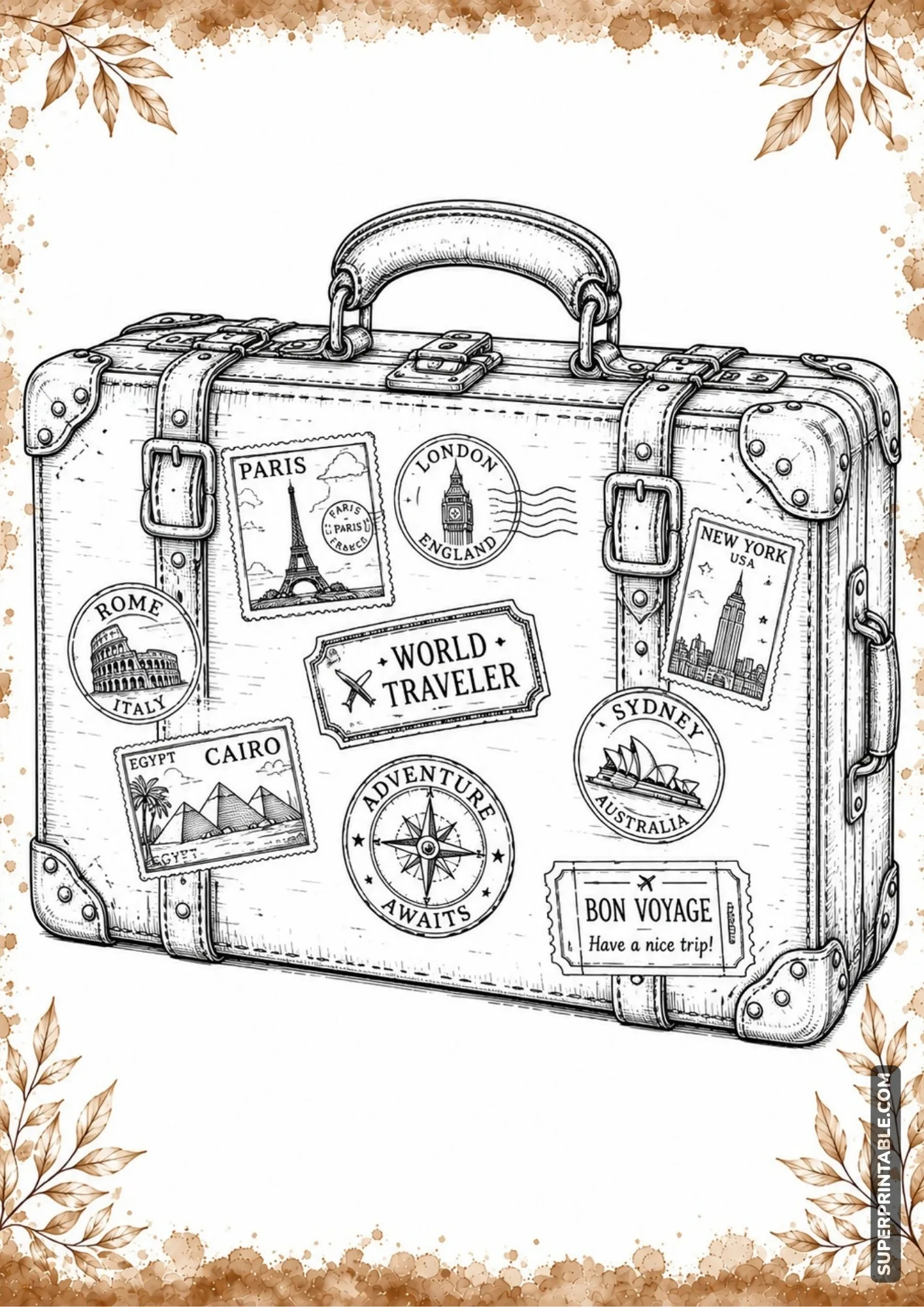 Vintage travel suitcase covered with old destination labels and stickers