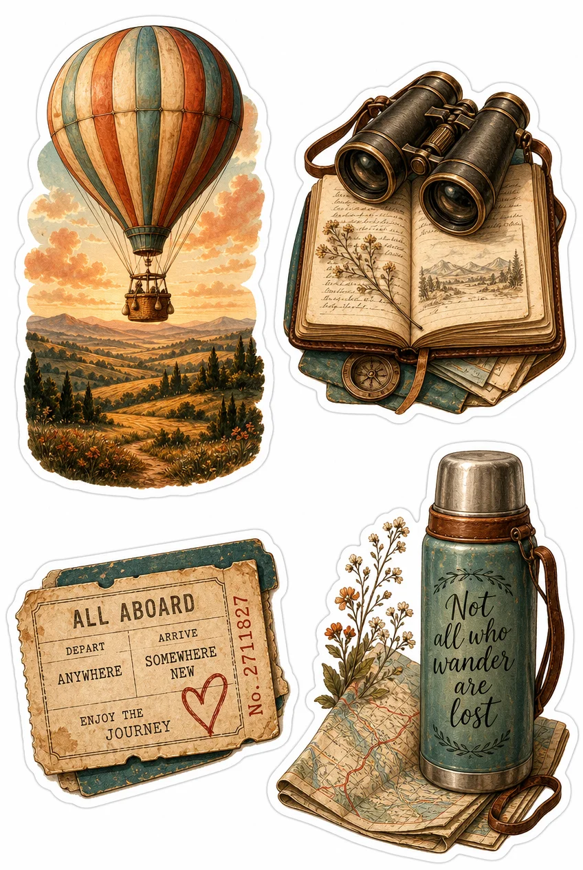 Hot Air Balloon & Explorer Vintage Travel Sticker Sheet 02