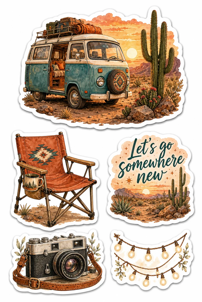 Retro Camper Van & Roadtrip Vintage Travel Sticker Sheet 05