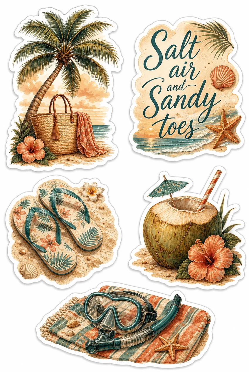 Tropical Beach & Island Escape Vintage Travel Sticker Sheet 07