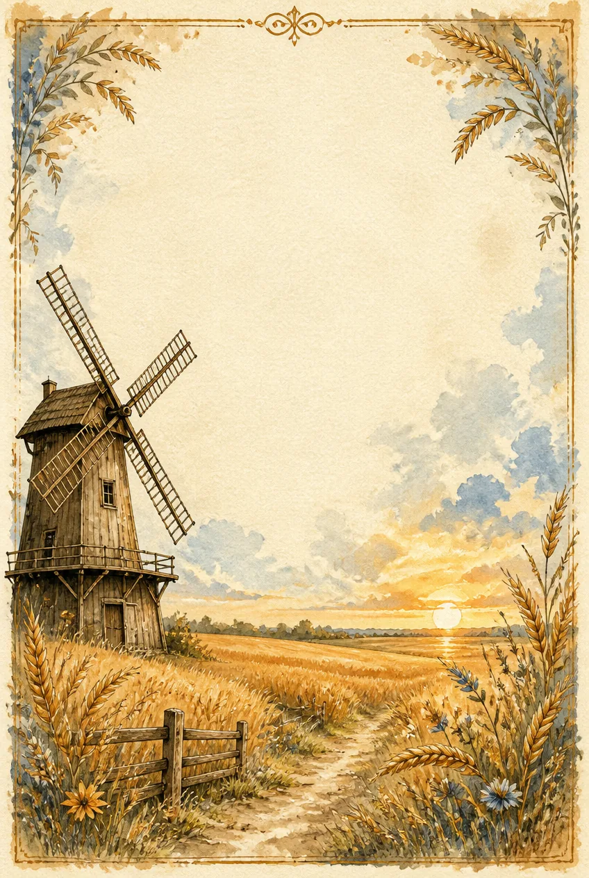 Rustic watercolor page border with an old wooden windmill set in a golden wheat field at sunset.