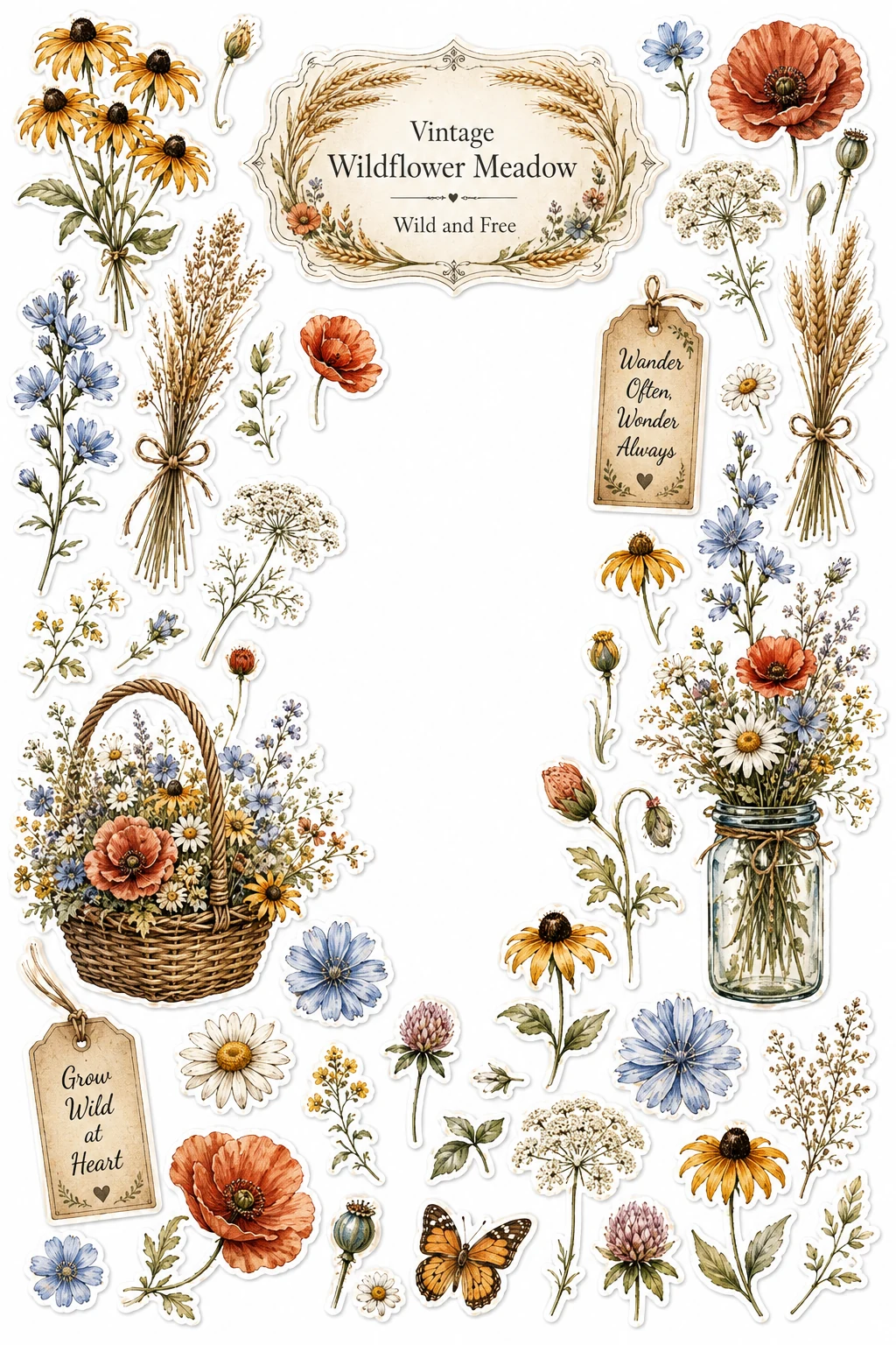 Vintage Wildflower Meadow Basket Sheet featuring vintage botanical illustrations, garden roses, wildflowers, and herbs.