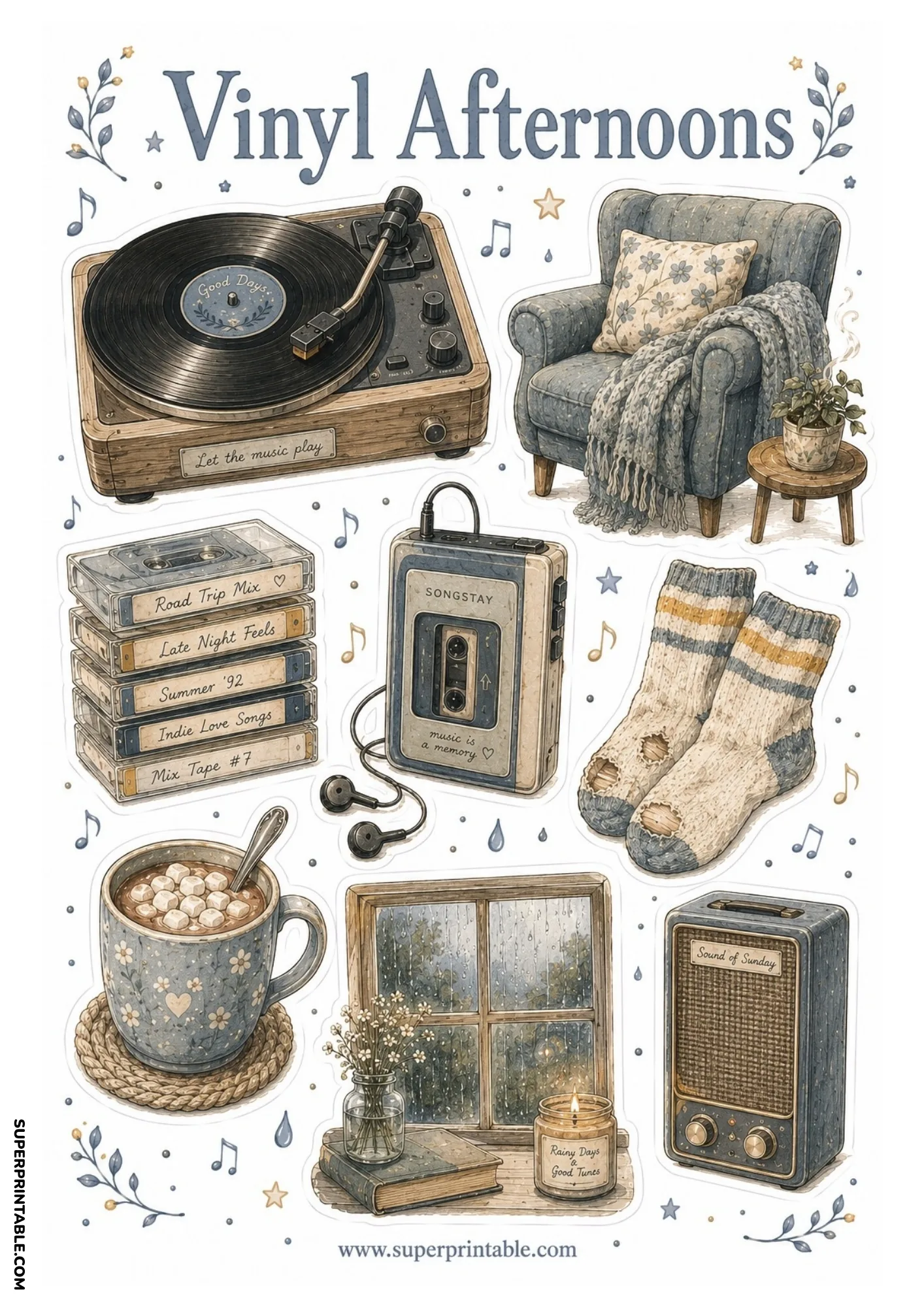 Stack of vintage cassette tapes, portable walkman with headphones, armchair, hot cocoa, and rainy window scene.