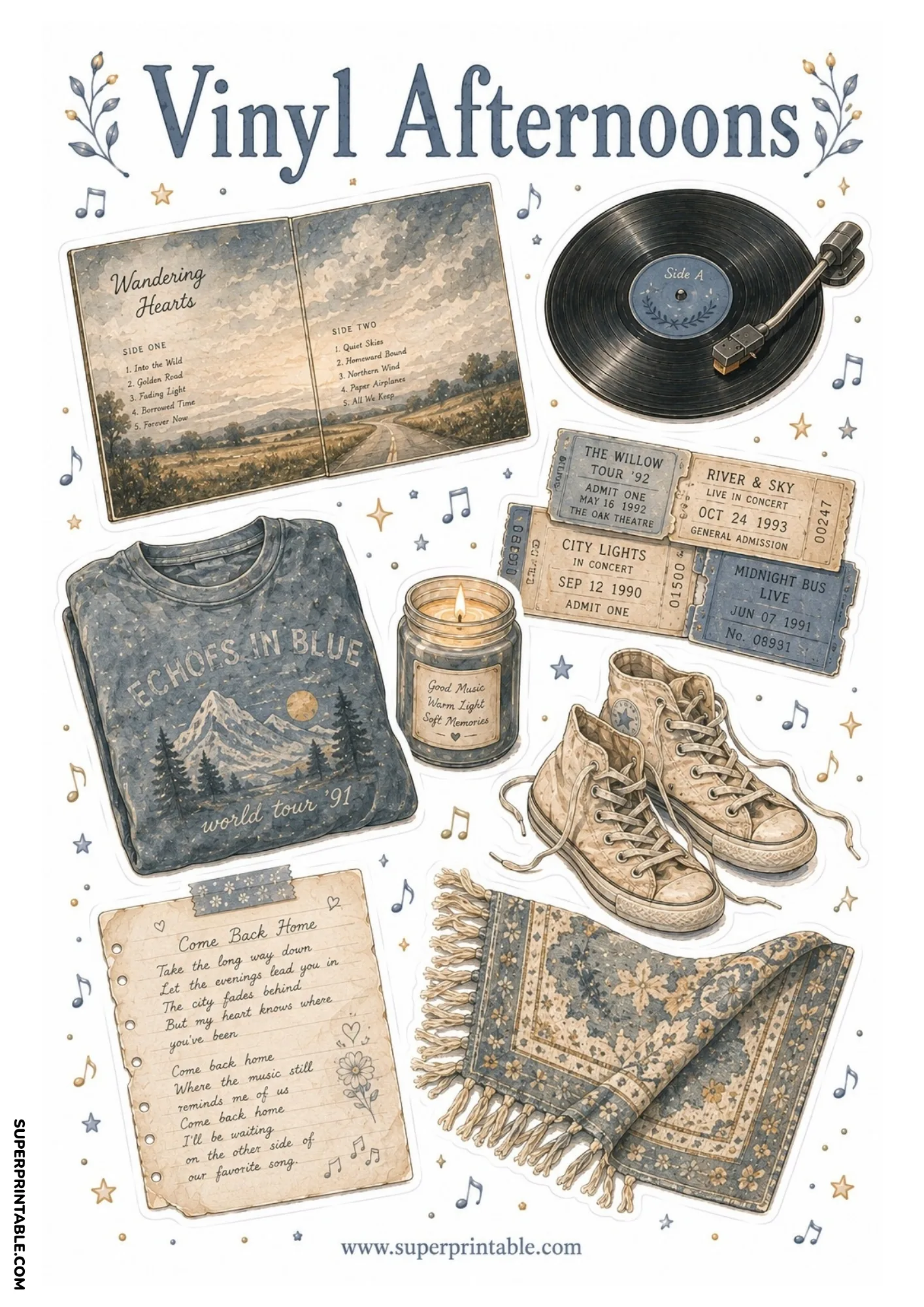 Vintage concert tickets alongside a band tour sweatshirt, turntable, canvas sneakers, and handwritten lyrics.