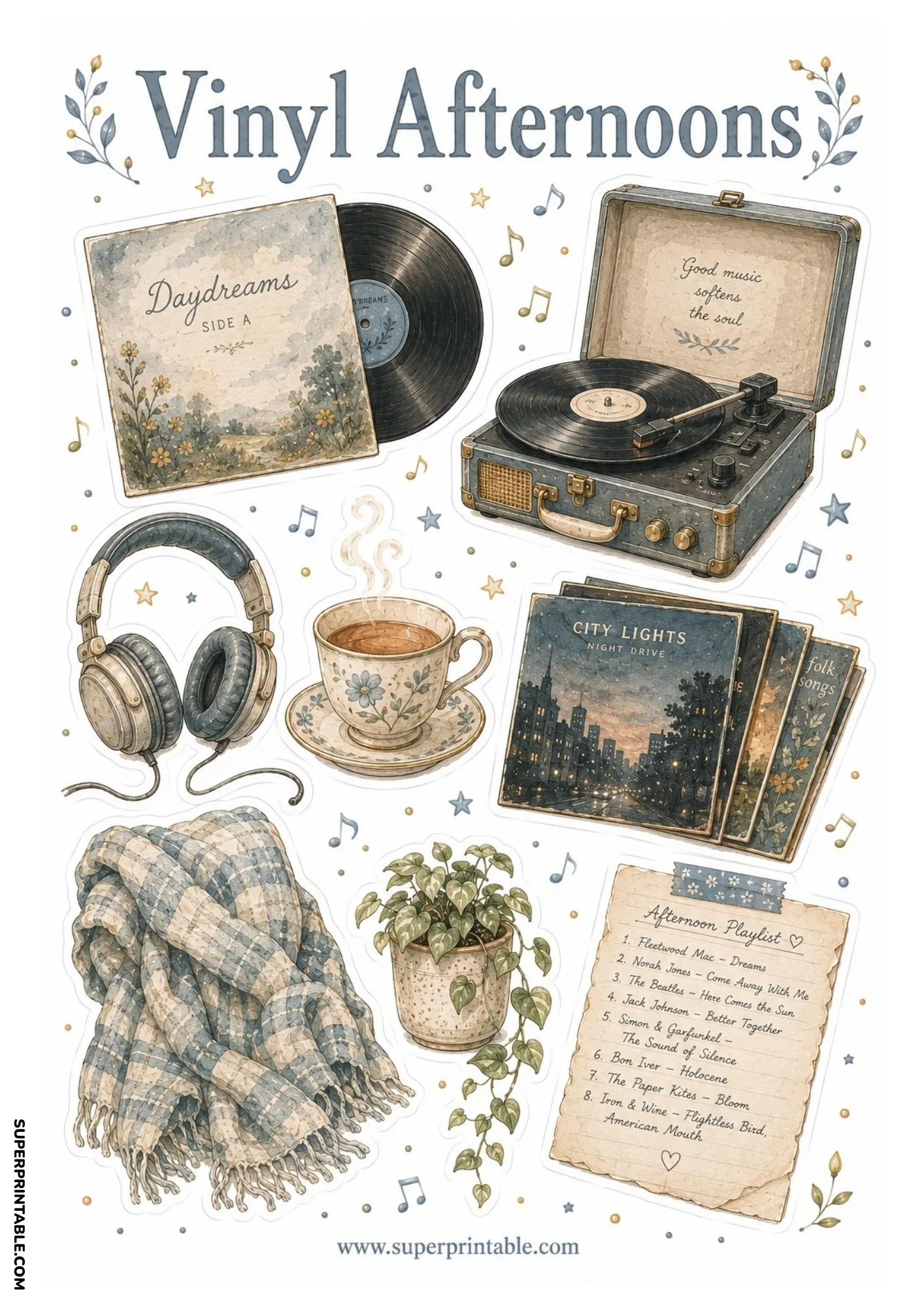 Portable record player with vinyl album, retro headphones, hot tea cup, stacked vinyl records, and playlist.