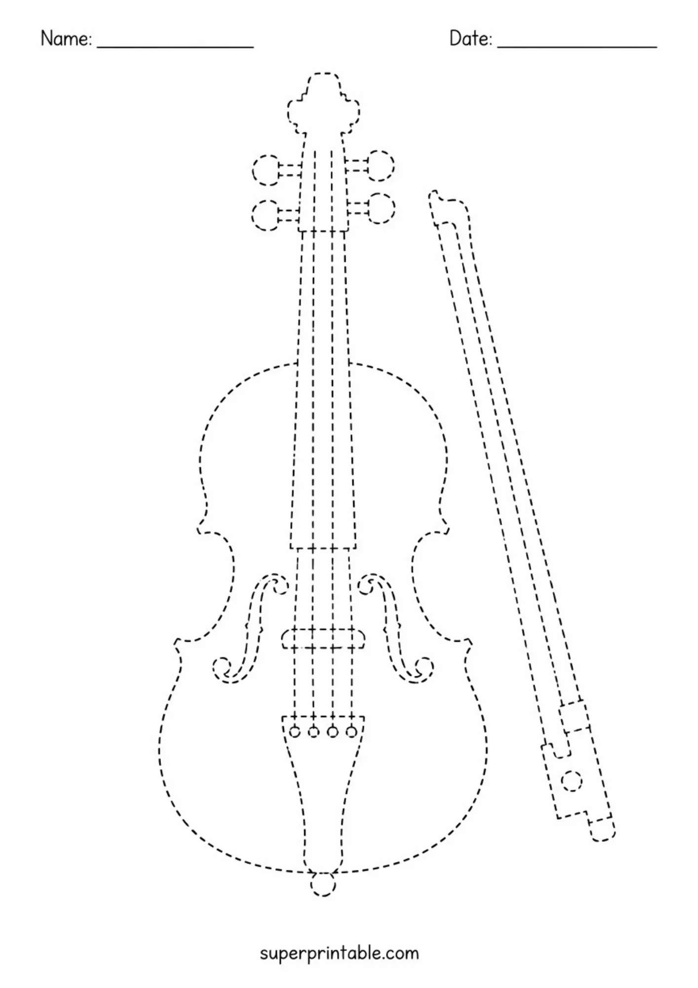 Dashed line illustration of a violin and bow to trace.