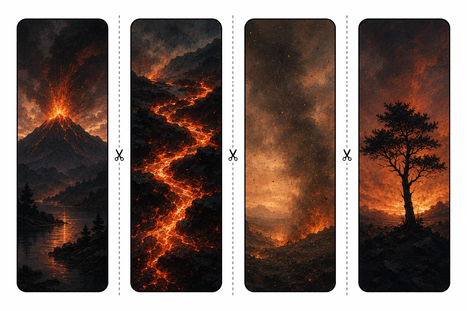 Four printable volcano bookmarks with an erupting peak, rivers of lava, ash in an orange sky, and a lone tree silhouette