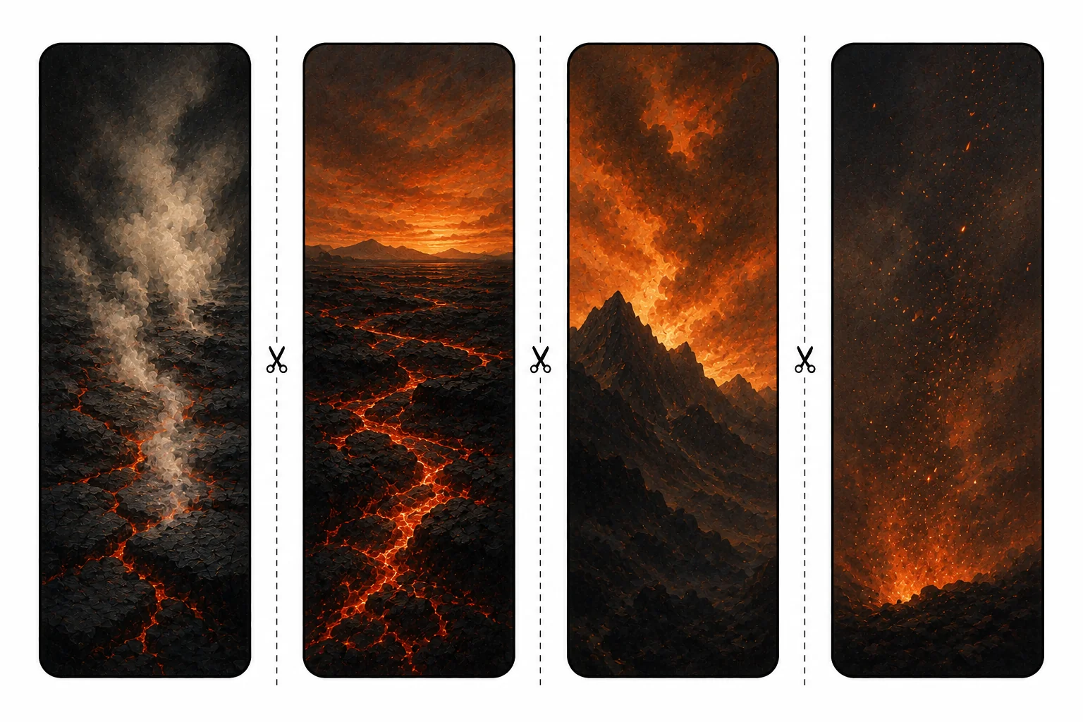 Four printable volcano bookmarks with steam from cracked rock, a glowing lava field, a ridge against fiery clouds, and drifting embers
