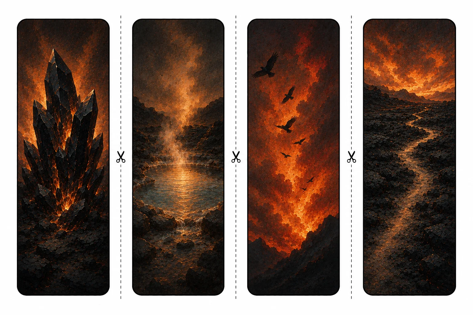 Four printable volcano bookmarks with glowing obsidian crystals, a steaming hot spring, birds against a red sky, and a path across lava rock