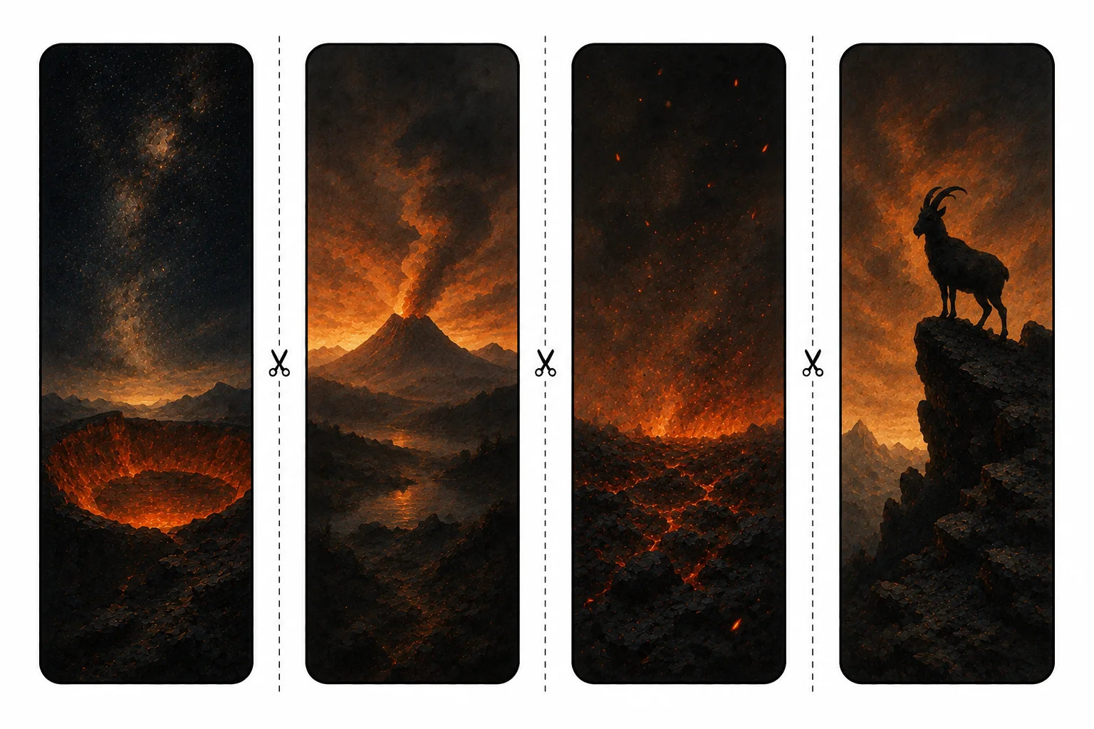 Four printable volcano bookmarks with a glowing crater under stars, a smoking peak, embers over black ground, and a mountain goat on a ridge