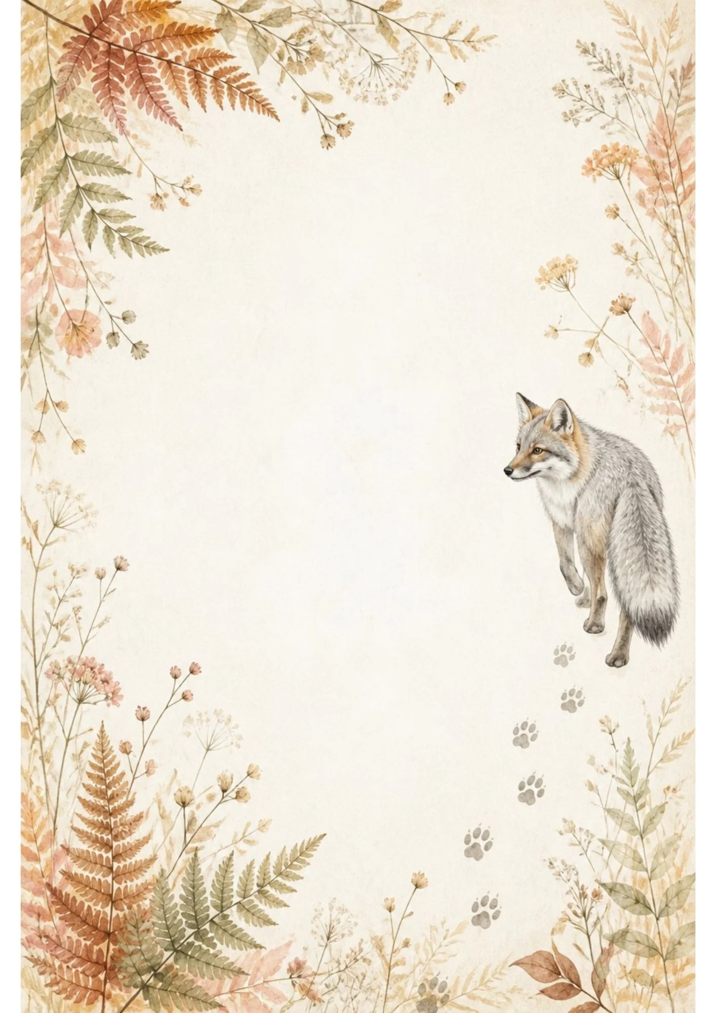 Watercolour border page with a walking grey fox and trail of paw prints amid autumn ferns and wispy wildflower stems
