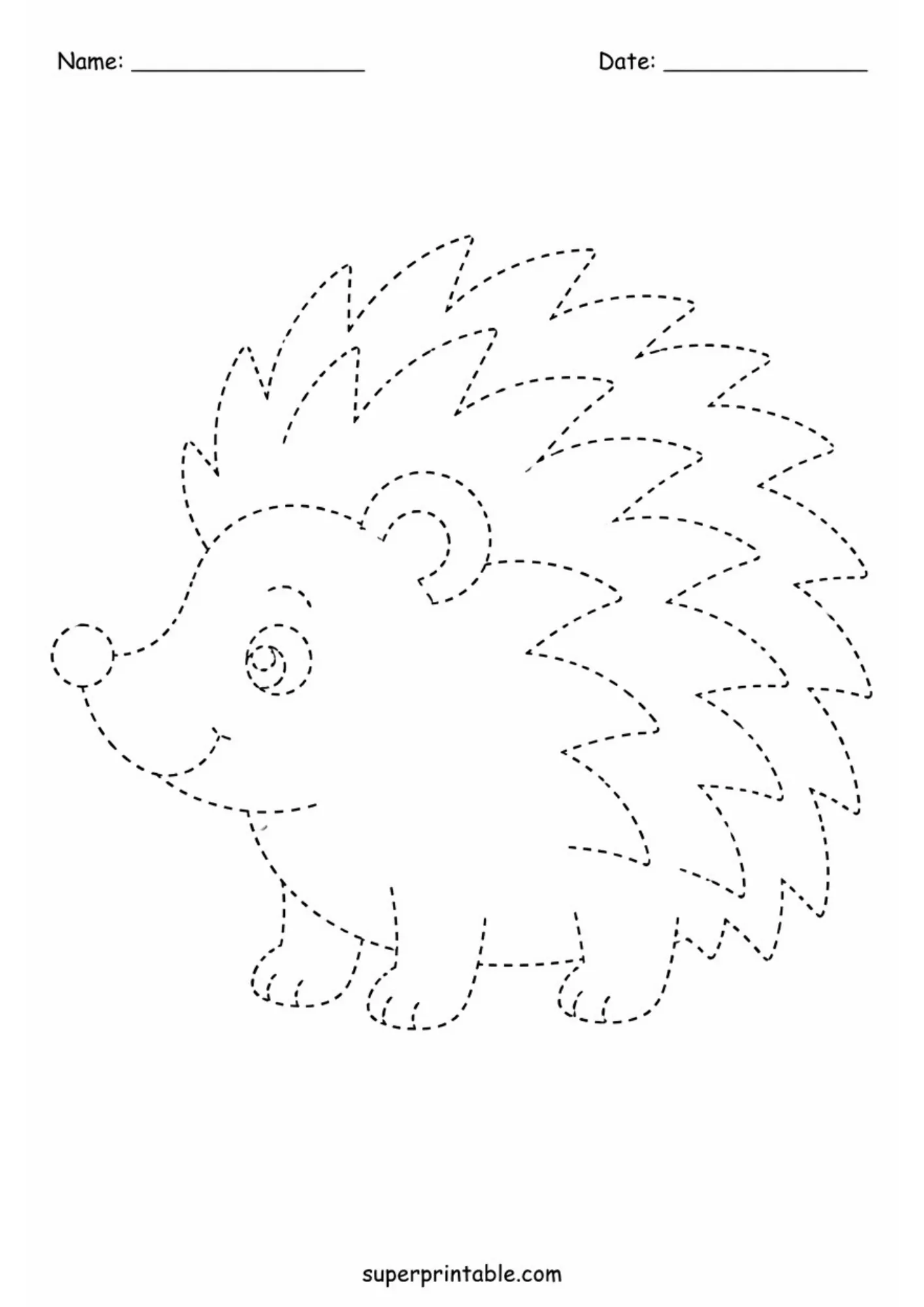 Walking hedgehog line art dashed outline tracing worksheet for early learners.