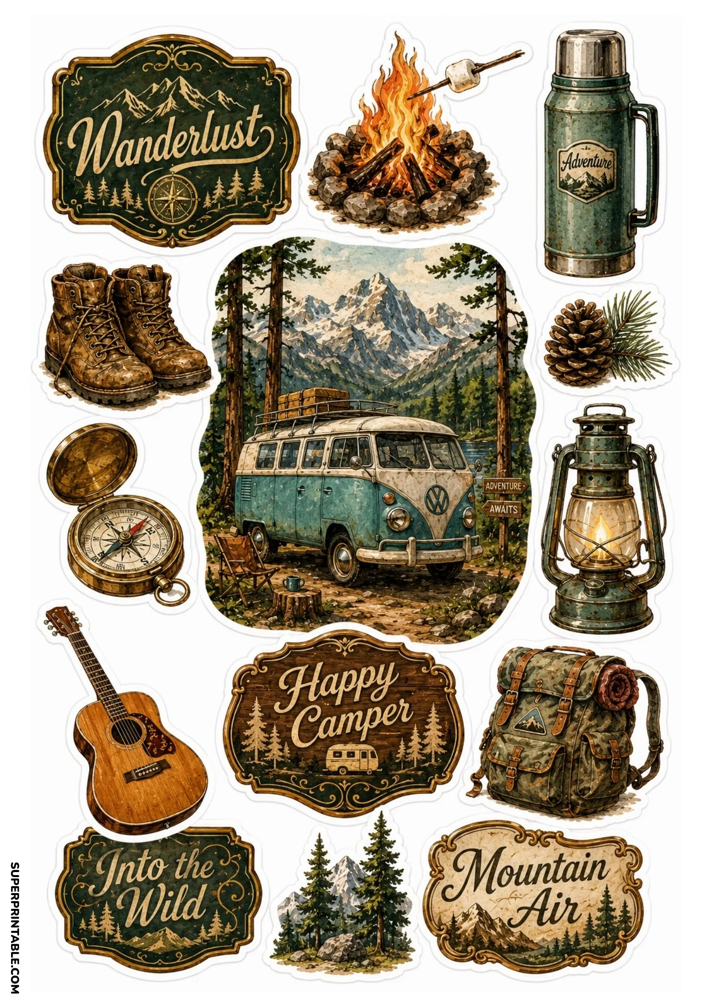 Camper van sticker sheet featuring a vintage teal camper bus in the mountains, hiking boots, campfire, thermos, guitar, and wanderlust badges.